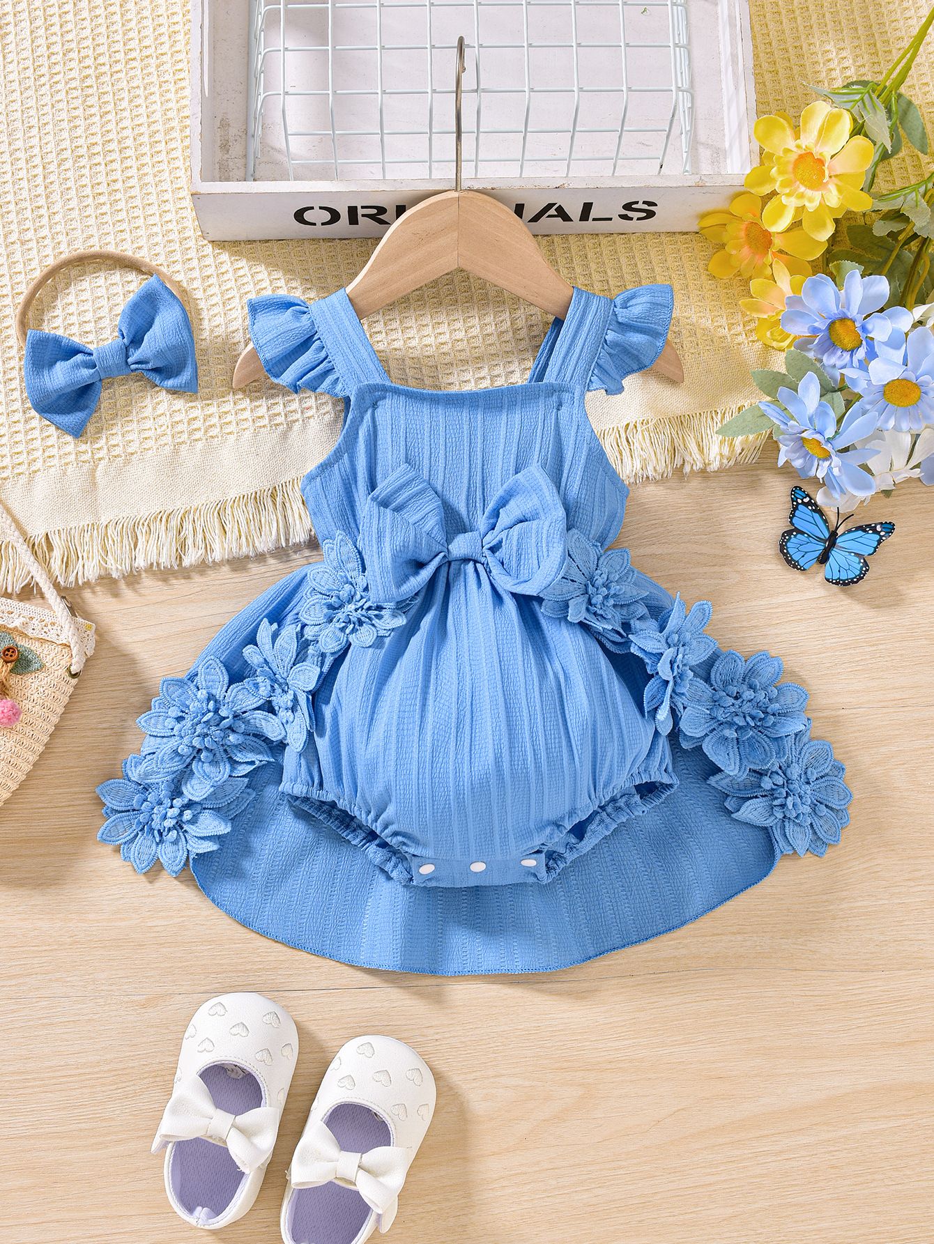 New  Baby girl dress cute suspender patchwork lace jumpsuit Ha dress skirt romper Butterfly tie hair band