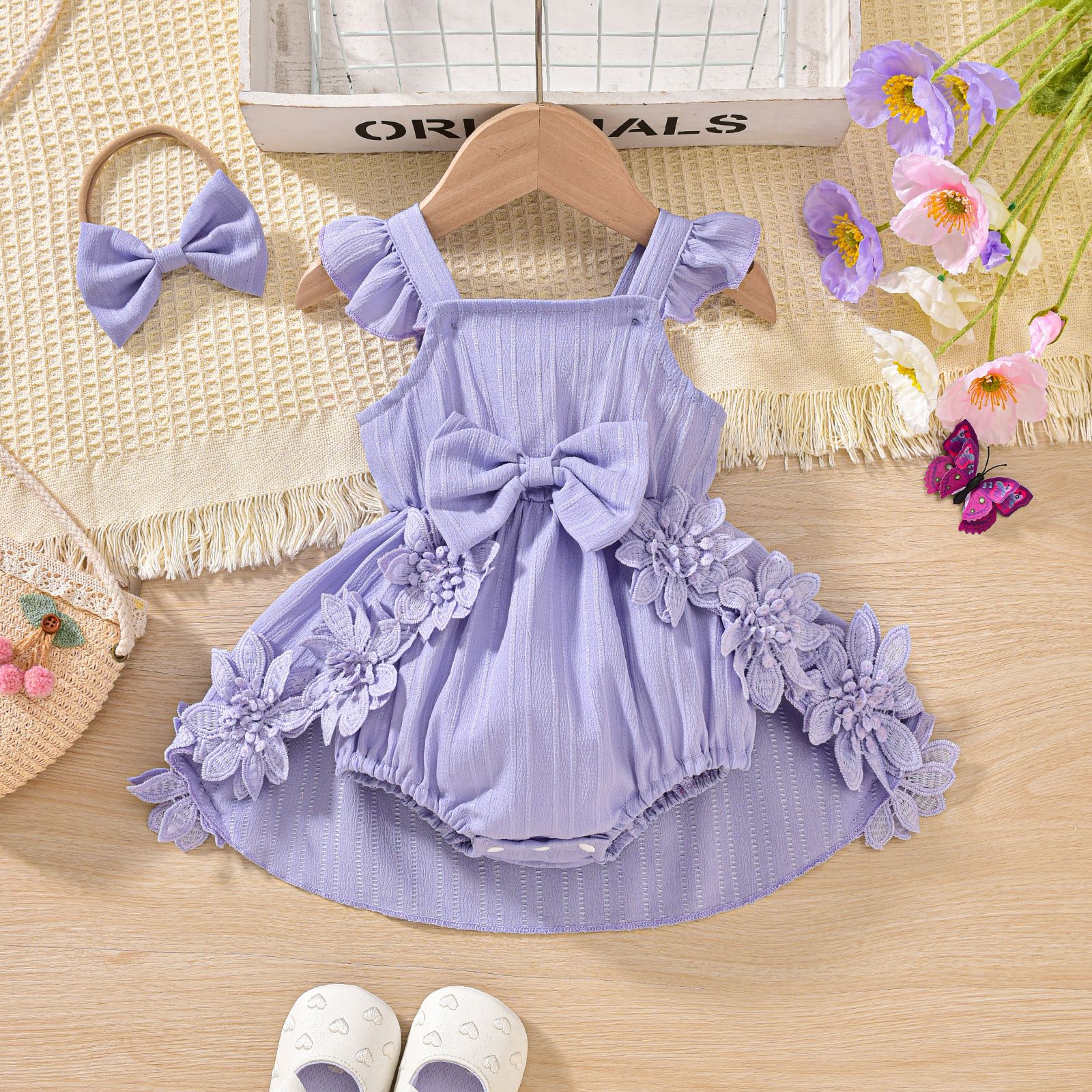 New  Baby girl dress cute suspender patchwork lace jumpsuit Ha dress skirt romper Butterfly tie hair band