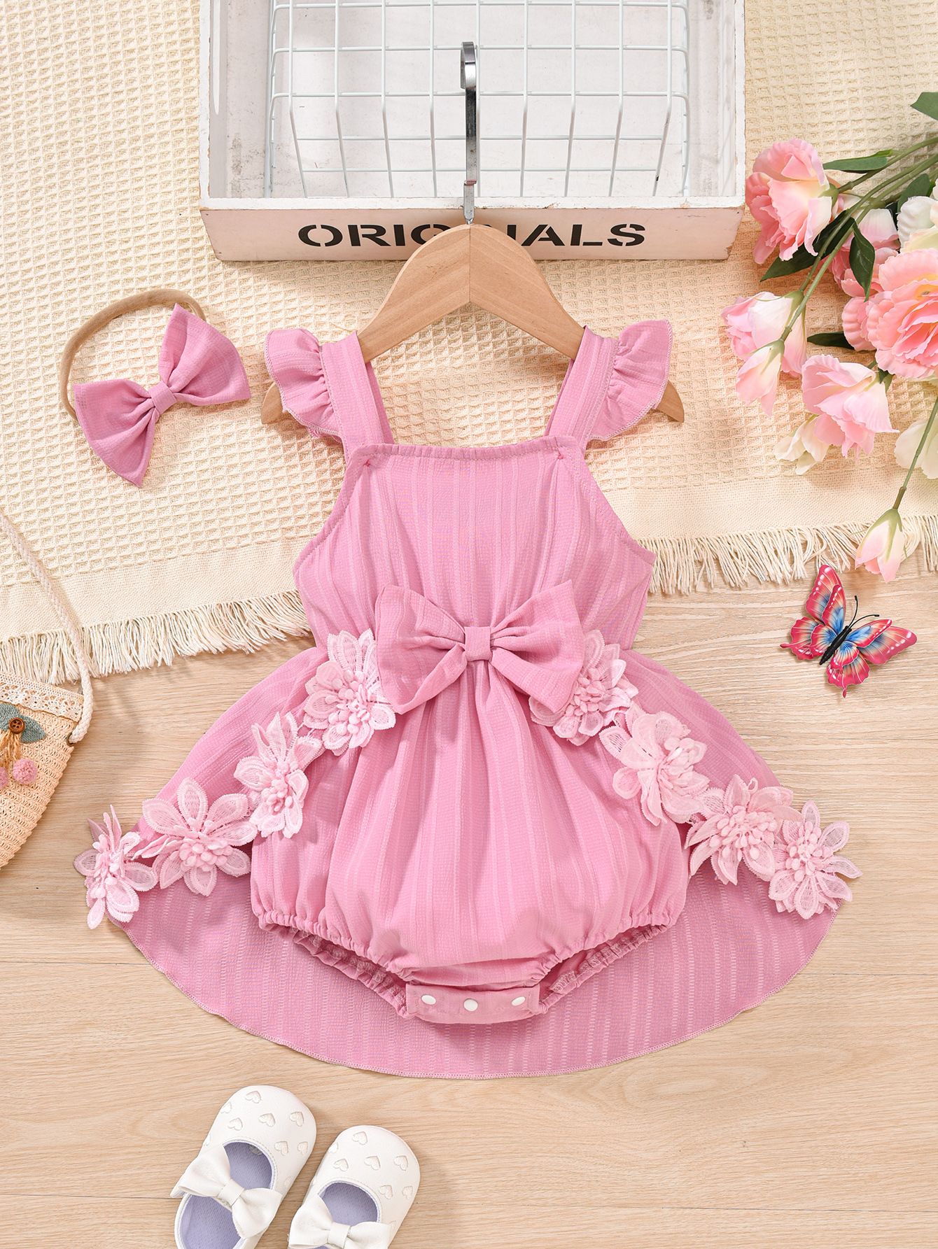 New  Baby girl dress cute suspender patchwork lace jumpsuit Ha dress skirt romper Butterfly tie hair band