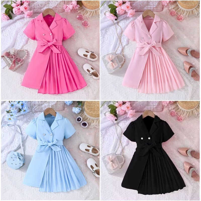 European and American new fashion girls' dress chiffon dress with belt  western-style suit puffed sleeves birthday party dress