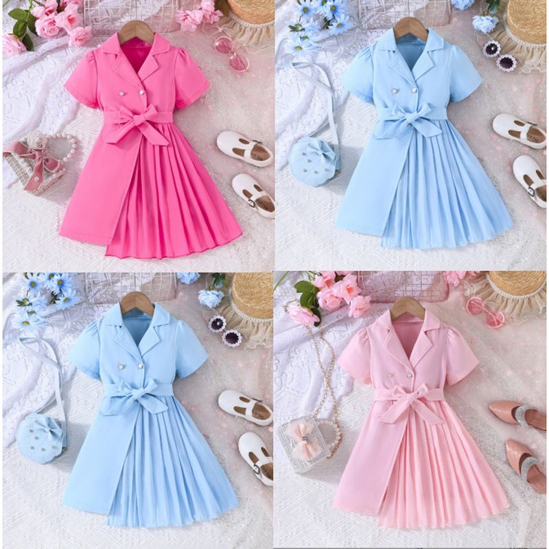 European and American new fashion girls' dress chiffon dress with belt  western-style suit puffed sleeves birthday party dress