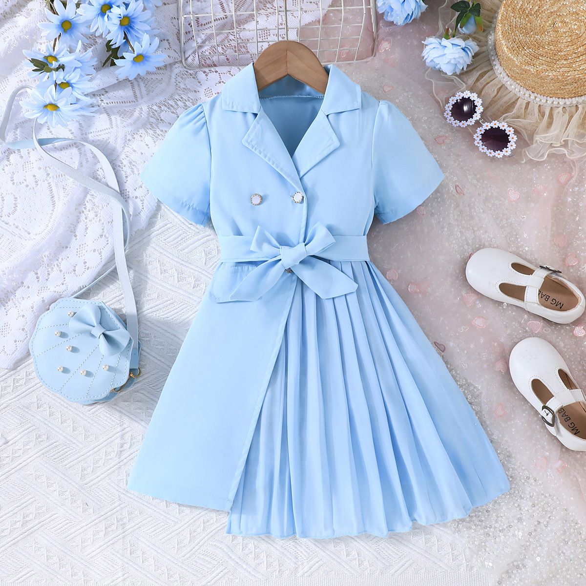 European and American new fashion girls' dress chiffon dress with belt  western-style suit puffed sleeves birthday party dress