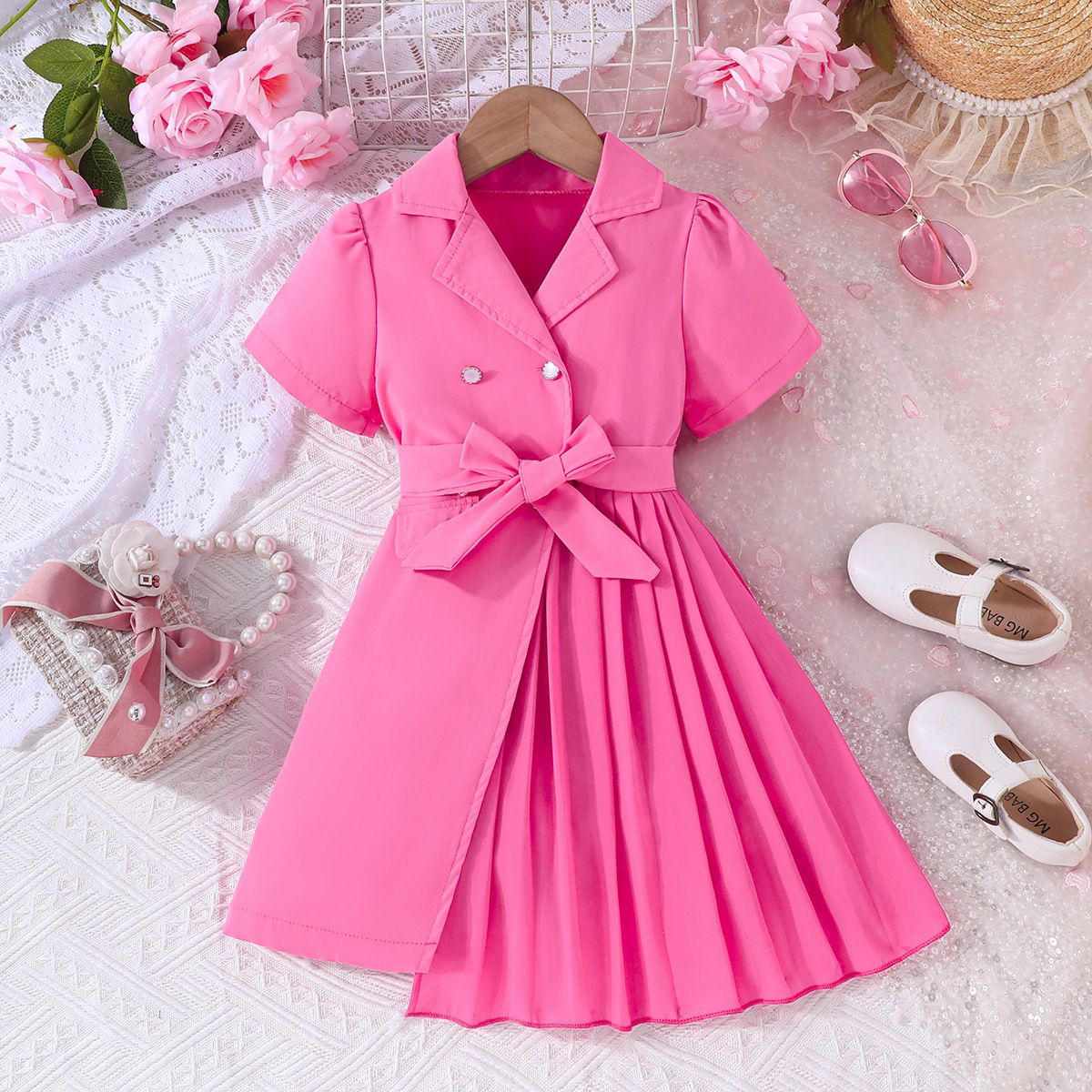 European and American new fashion girls' dress chiffon dress with belt  western-style suit puffed sleeves birthday party dress