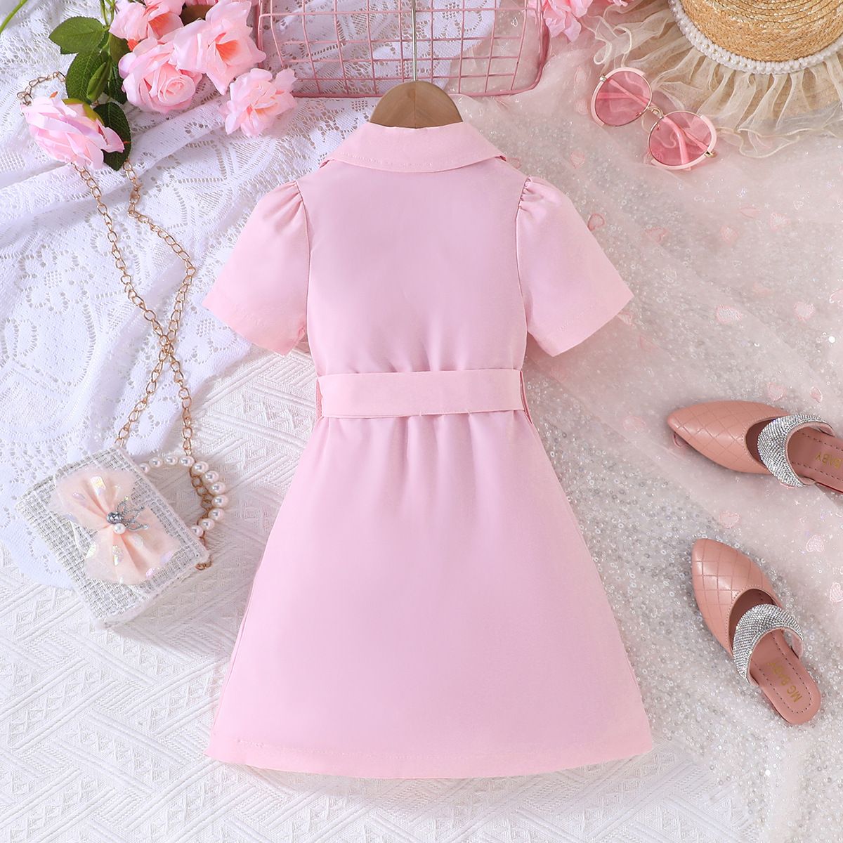 European and American new fashion girls' dress chiffon dress with belt  western-style suit puffed sleeves birthday party dress