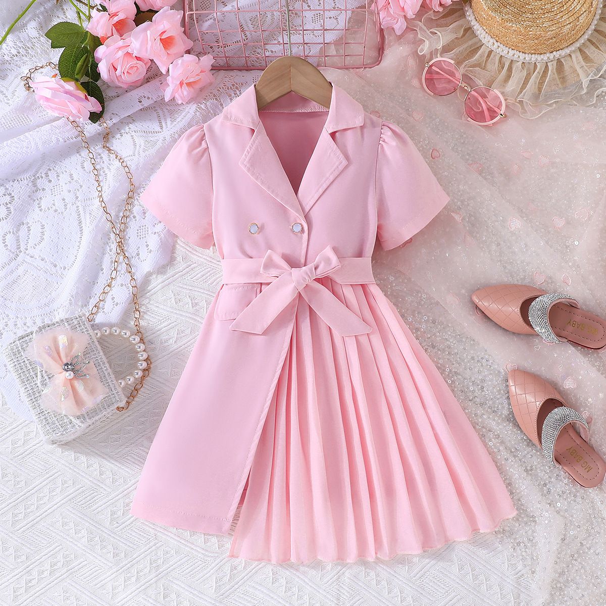 European and American new fashion girls' dress chiffon dress with belt  western-style suit puffed sleeves birthday party dress