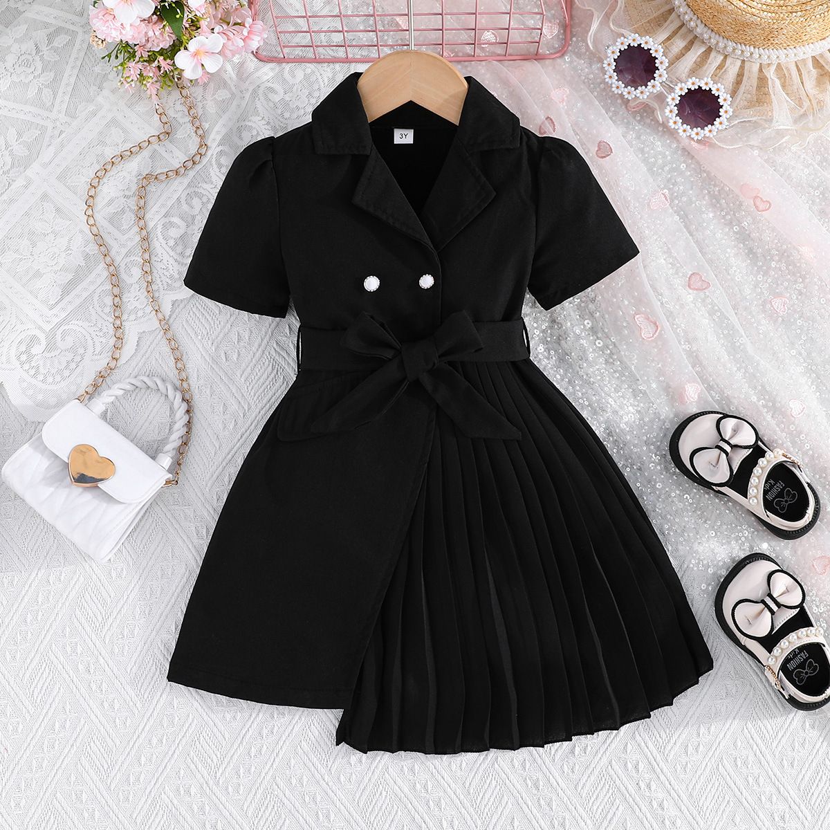 European and American new fashion girls' dress chiffon dress with belt  western-style suit puffed sleeves birthday party dress