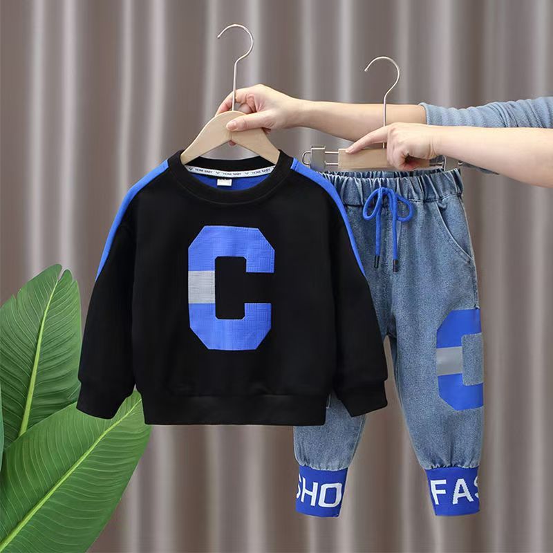 Boys' clothing set new children's western-style hoodie baby handsome and casual boys' two-piece top and pants set