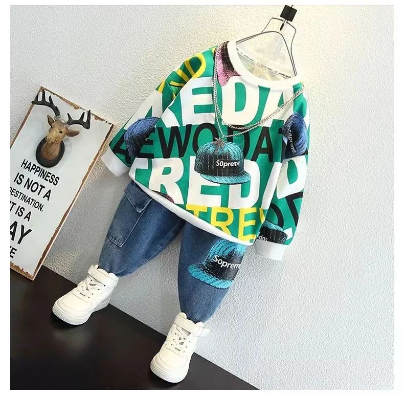 Boys' clothing set new children's western-style hoodie baby handsome and casual boys' two-piece top and pants set