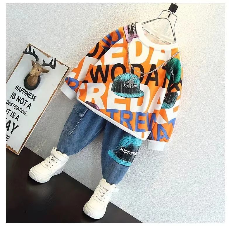 Boys' clothing set new children's western-style hoodie baby handsome and casual boys' two-piece top and pants set