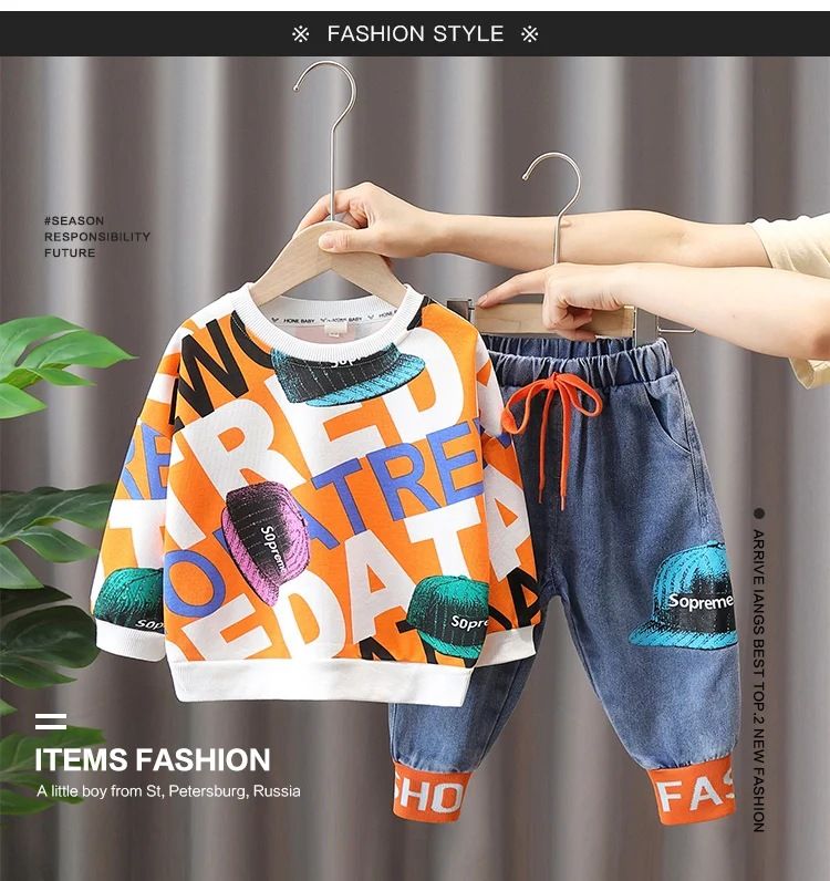 Boys' clothing set new children's western-style hoodie baby handsome and casual boys' two-piece top and pants set