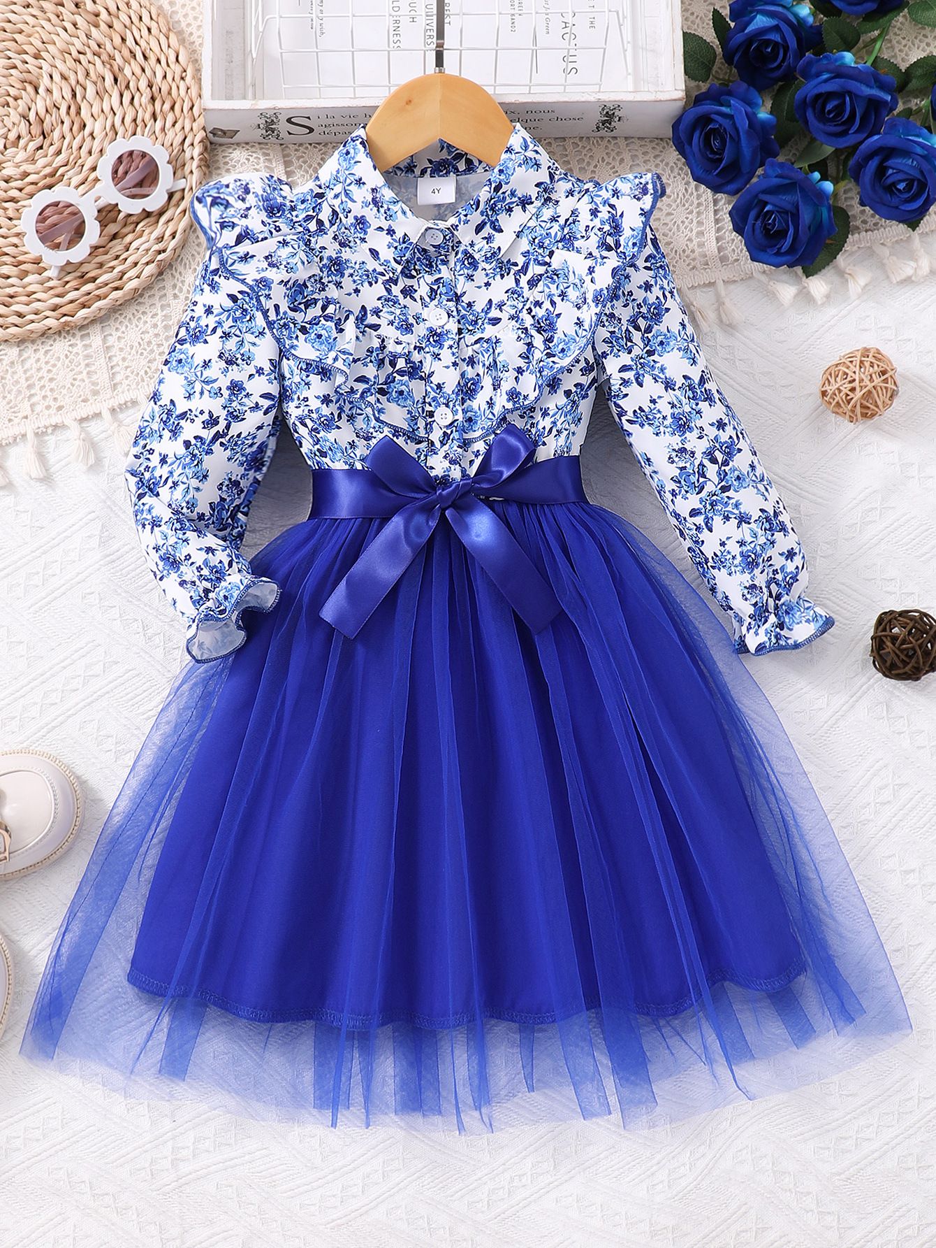 Children's clothing Girl's dress long sleeved lapel floral print mesh dress with woven waistband