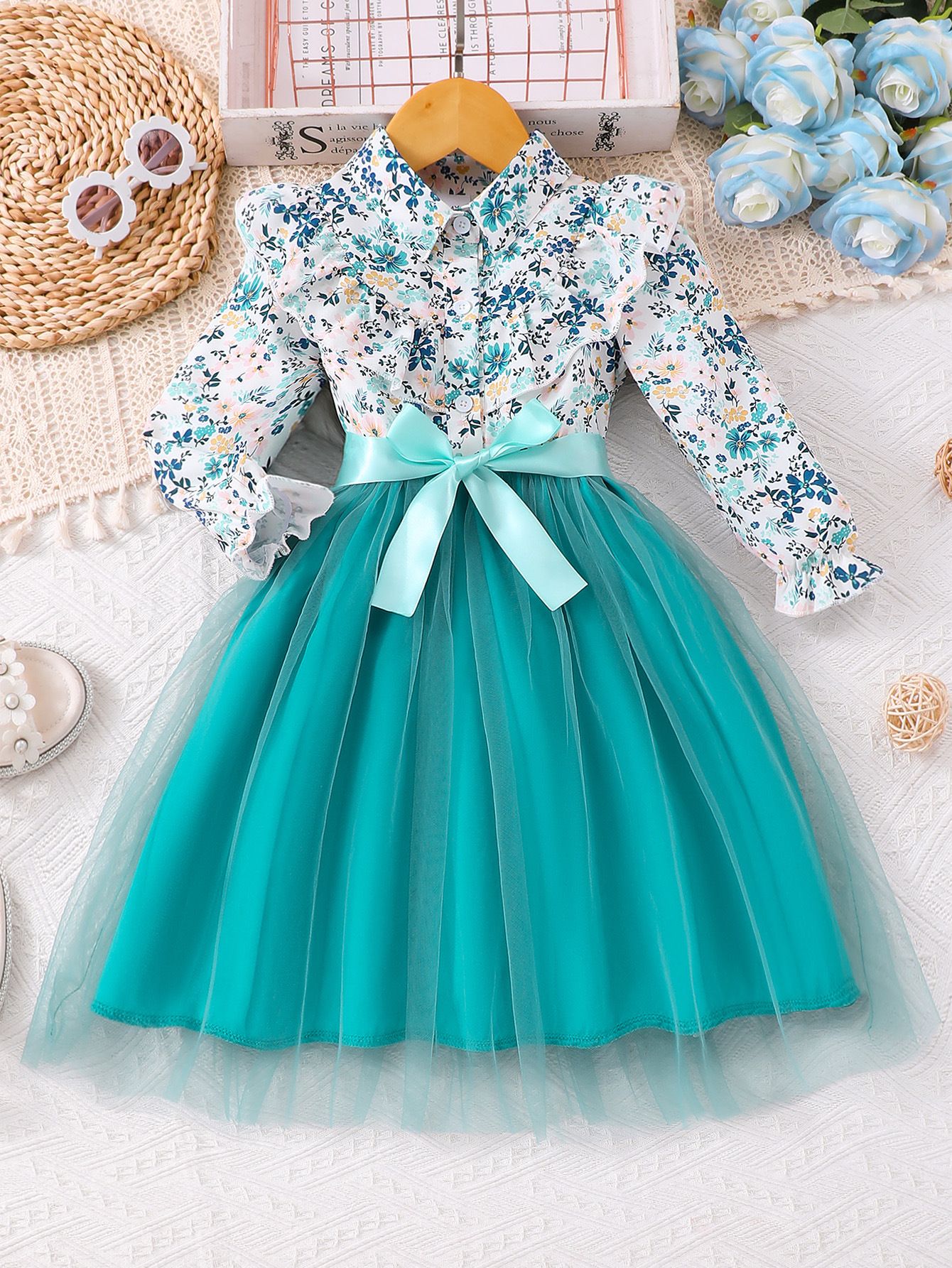 Children's clothing Girl's dress long sleeved lapel floral print mesh dress with woven waistband