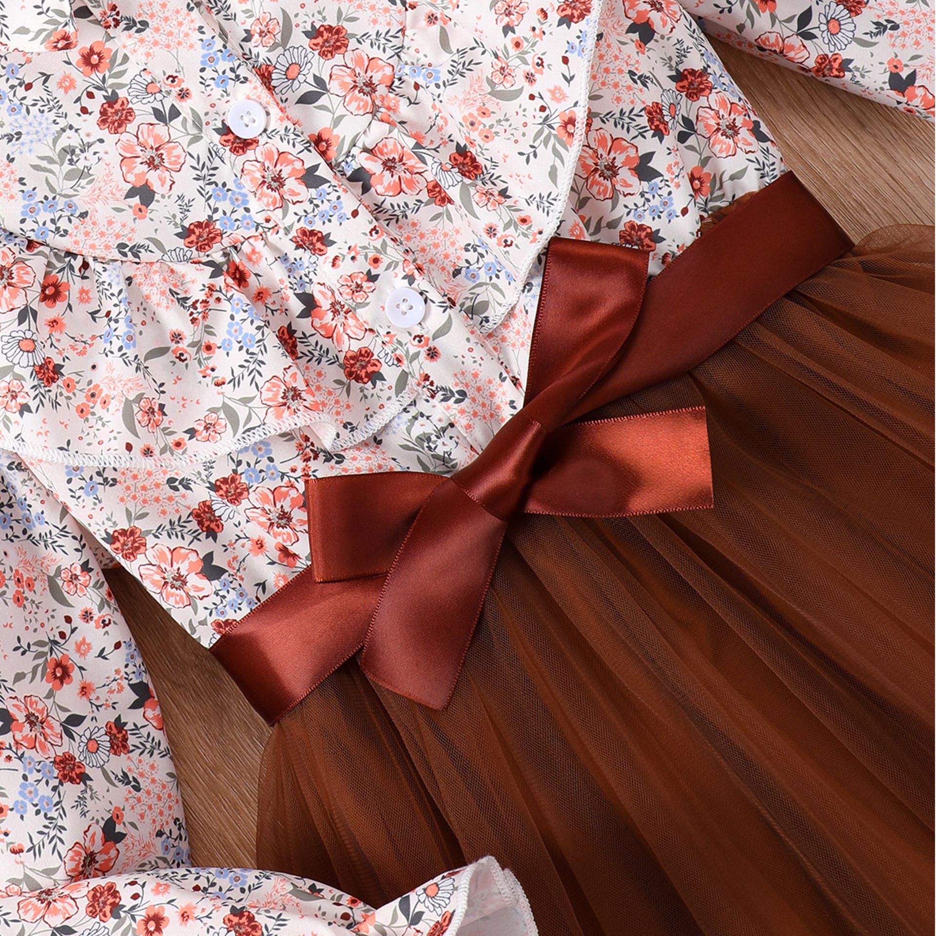 Children's clothing Girl's dress long sleeved lapel floral print mesh dress with woven waistband