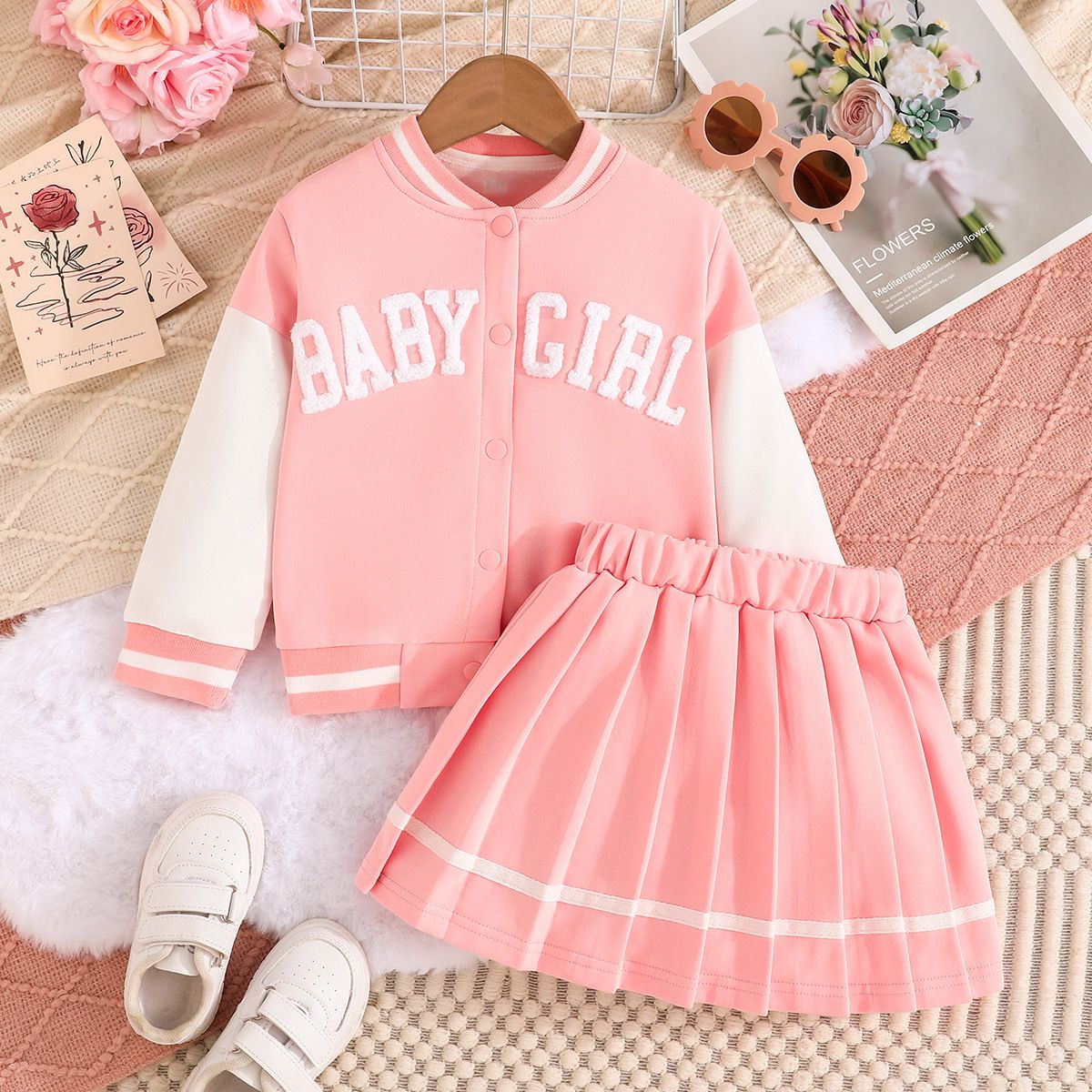 New European and American baseball girls' two-piece top+pleated skirt set stylish college girls' clothing set