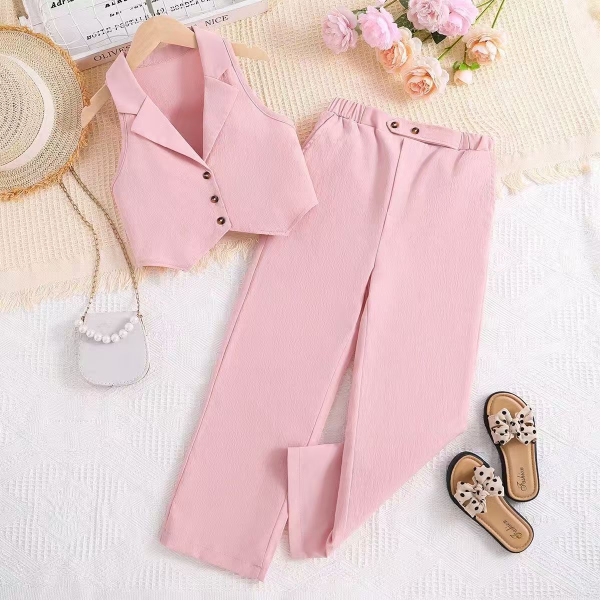Children's Clothing Summer Girls' Sleeveless Cardigan Top Solid Color Suit Pants Two piece set Europe and America