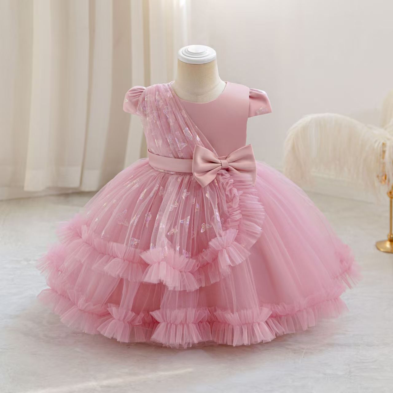 New Year One Baby Girls' Dress Bow Birthday Host Christmas Princess Dress Children's Dress Dress