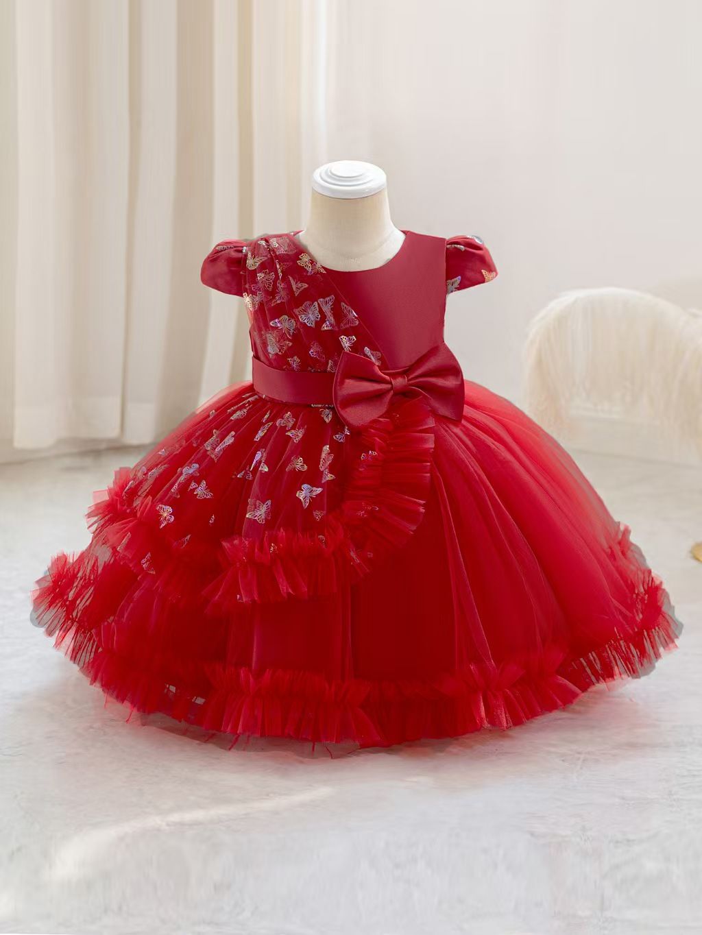 New Year One Baby Girls' Dress Bow Birthday Host Christmas Princess Dress Children's Dress Dress