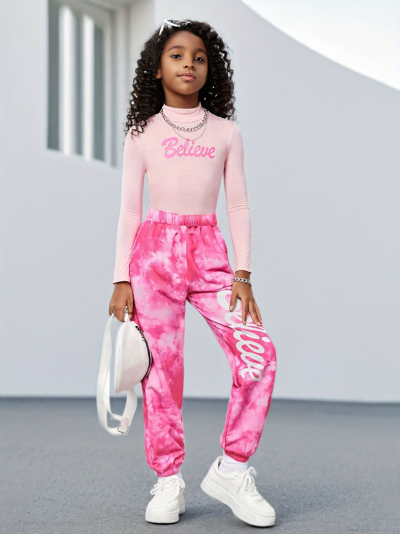 Girls' fashion clothing set with tie dye pattern ankle pants, loose long sleeved casual fashion set