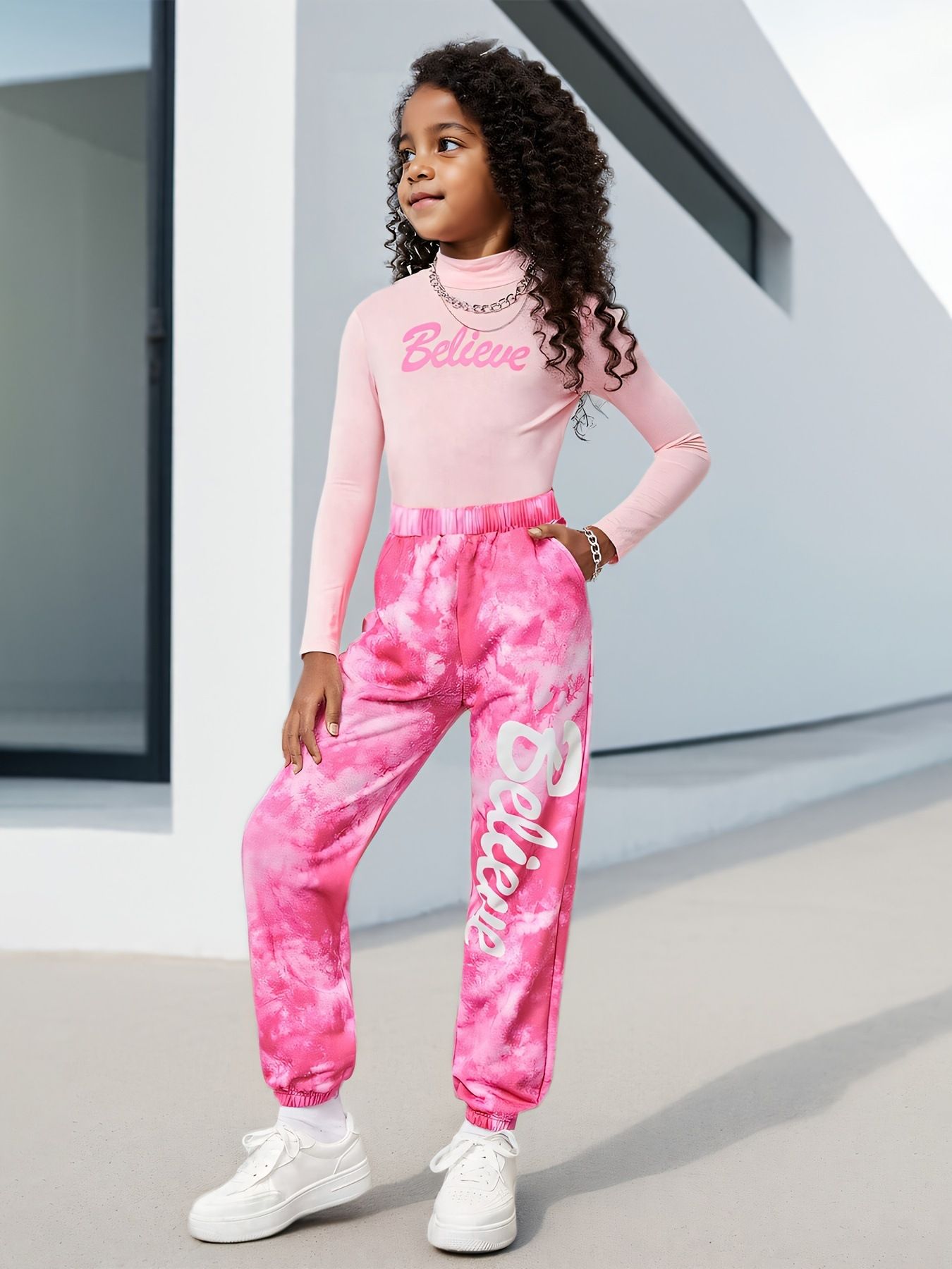 Girls' fashion clothing set with tie dye pattern ankle pants, loose long sleeved casual fashion set