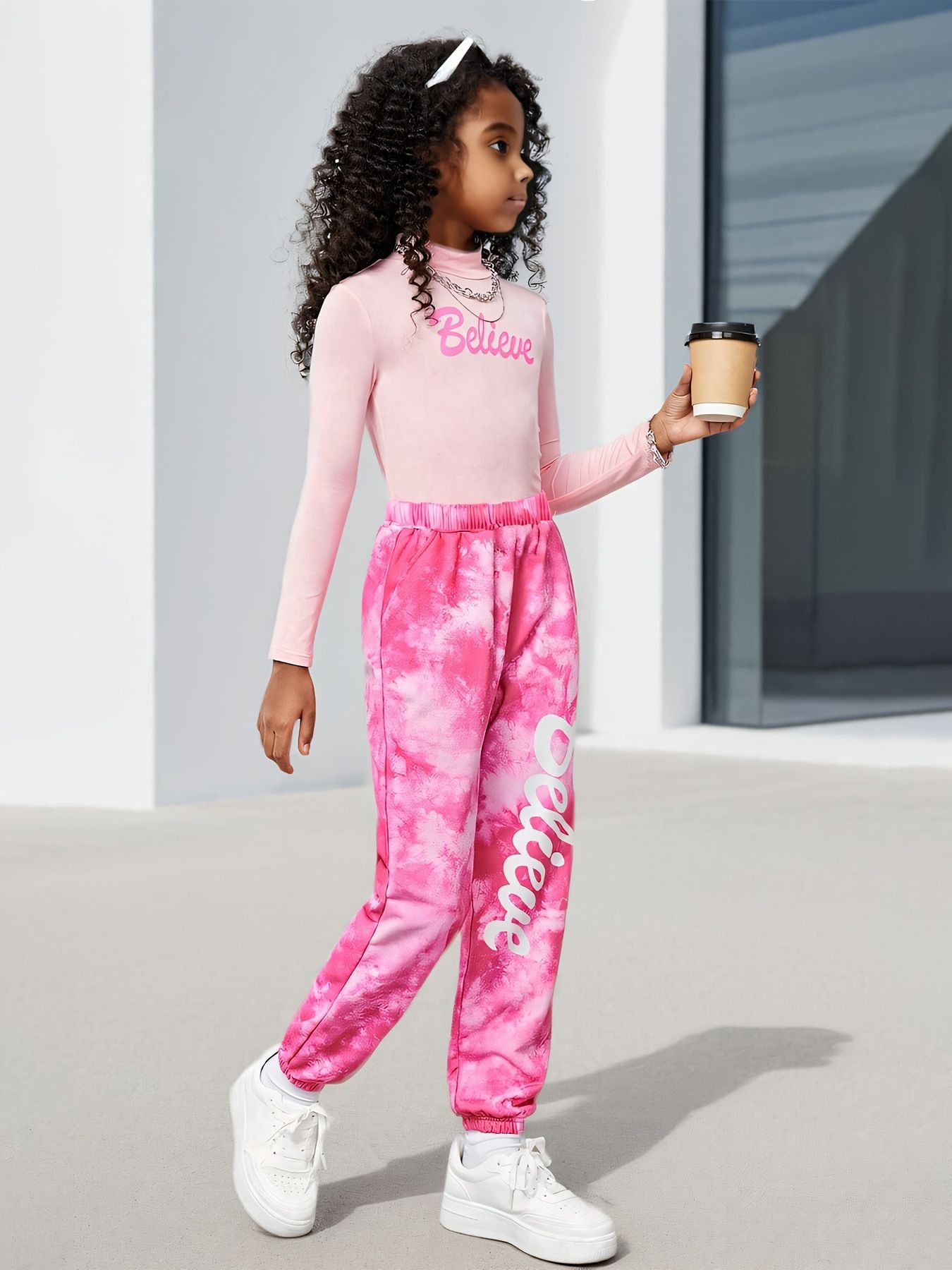 Girls' fashion clothing set with tie dye pattern ankle pants, loose long sleeved casual fashion set