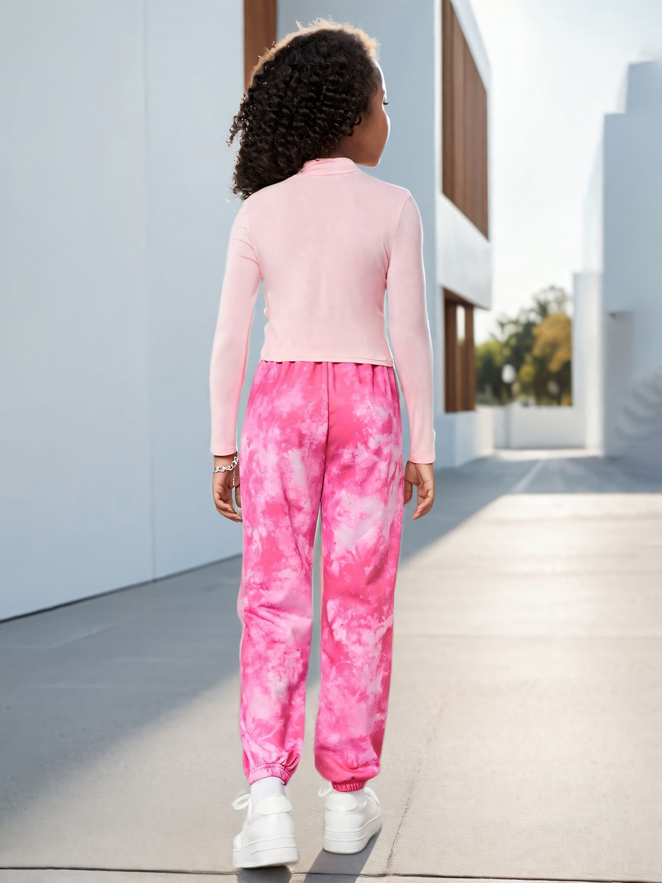 Girls' fashion clothing set with tie dye pattern ankle pants, loose long sleeved casual fashion set