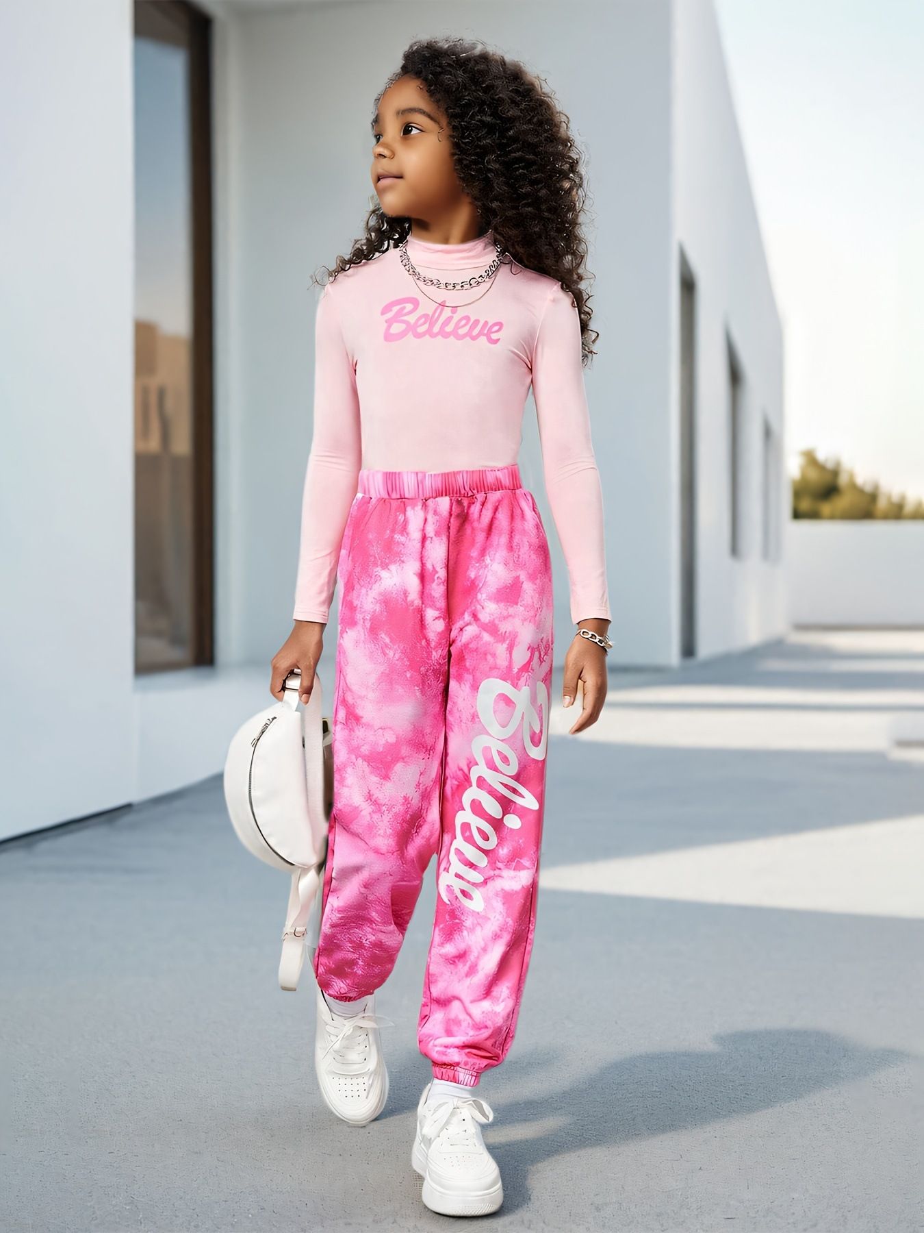 Girls' fashion clothing set with tie dye pattern ankle pants, loose long sleeved casual fashion set