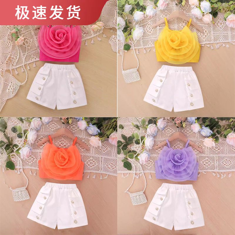 European and American girls' clothing set summer set fashion suspender 3D three-dimensional flower top shorts
