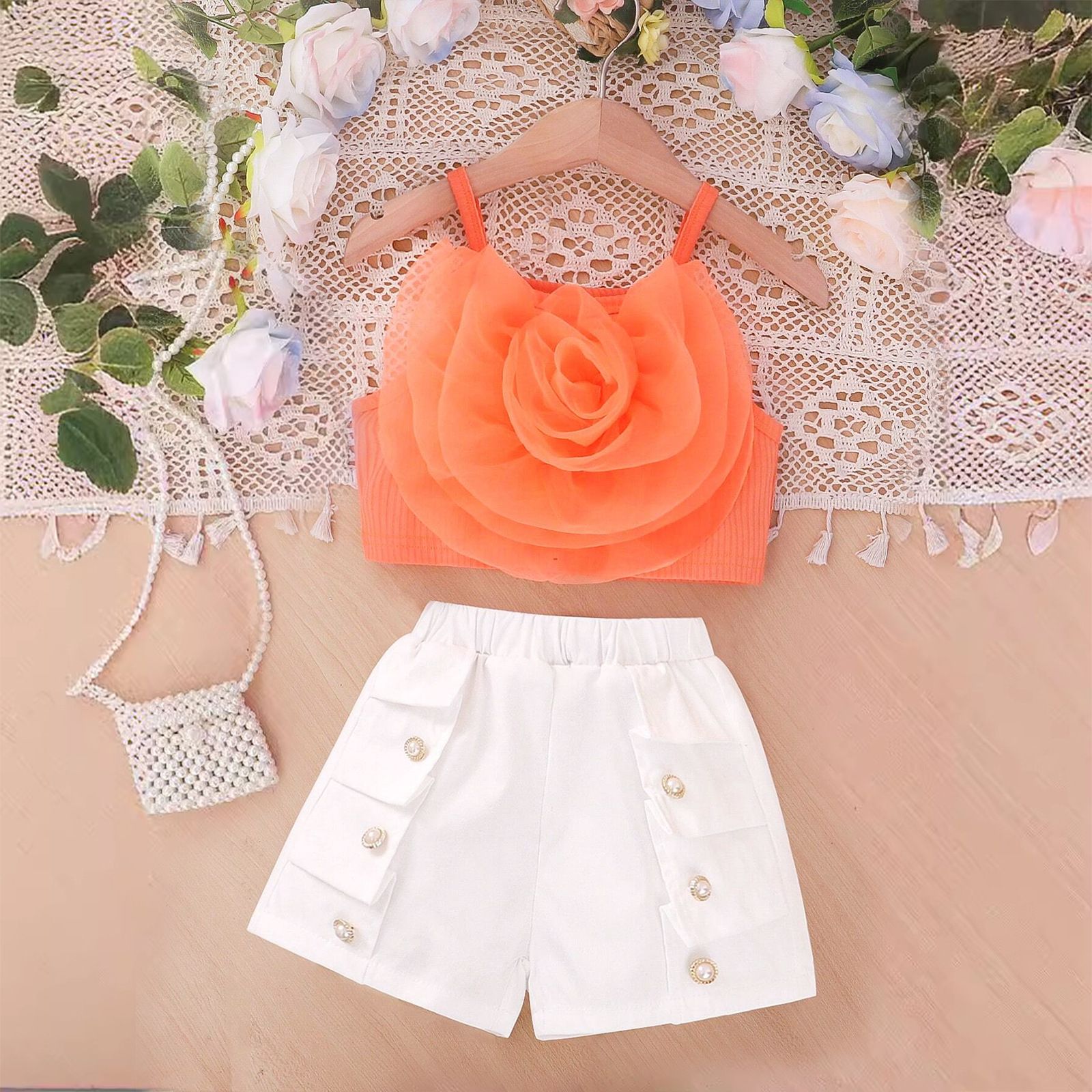 European and American girls' clothing set summer set fashion suspender 3D three-dimensional flower top shorts
