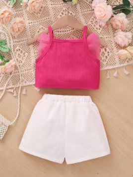 European and American girls' clothing set summer set fashion suspender 3D three-dimensional flower top shorts
