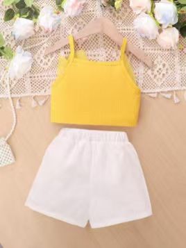 European and American girls' clothing set summer set fashion suspender 3D three-dimensional flower top shorts