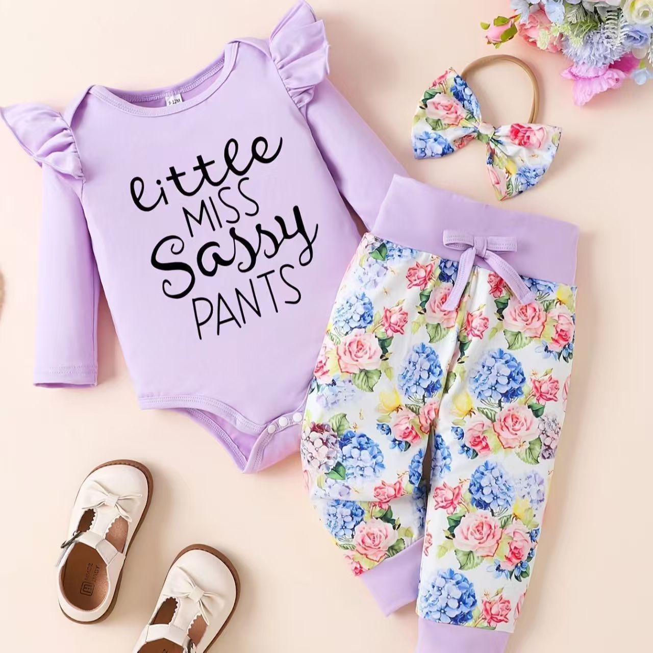 Baby Girl Spring and Autumn Long Sleeve Letter Triangle Ha Yi Flower Bow Long Pants Hairband Baby Three Piece Set