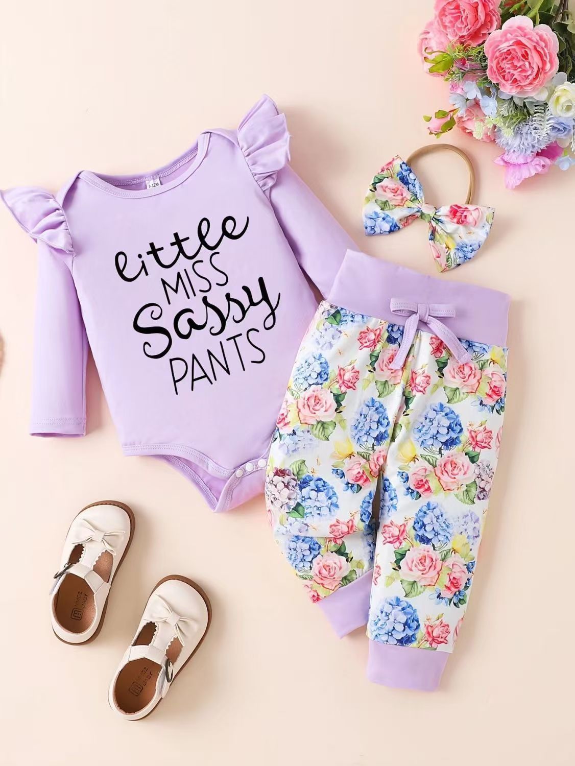 Baby Girl Spring and Autumn Long Sleeve Letter Triangle Ha Yi Flower Bow Long Pants Hairband Baby Three Piece Set