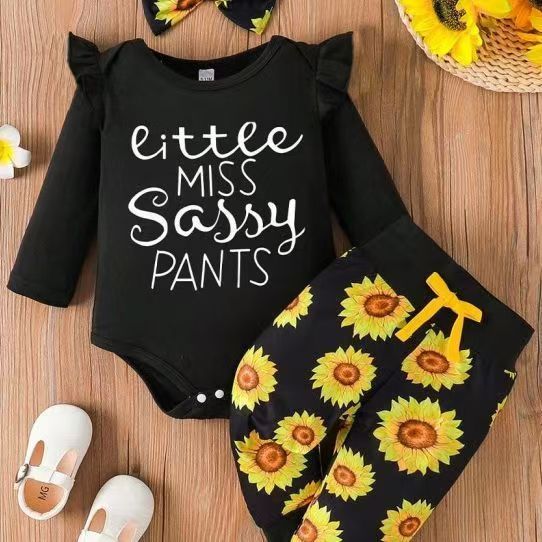 Baby Girl Spring and Autumn Long Sleeve Letter Triangle Ha Yi Flower Bow Long Pants Hairband Baby Three Piece Set