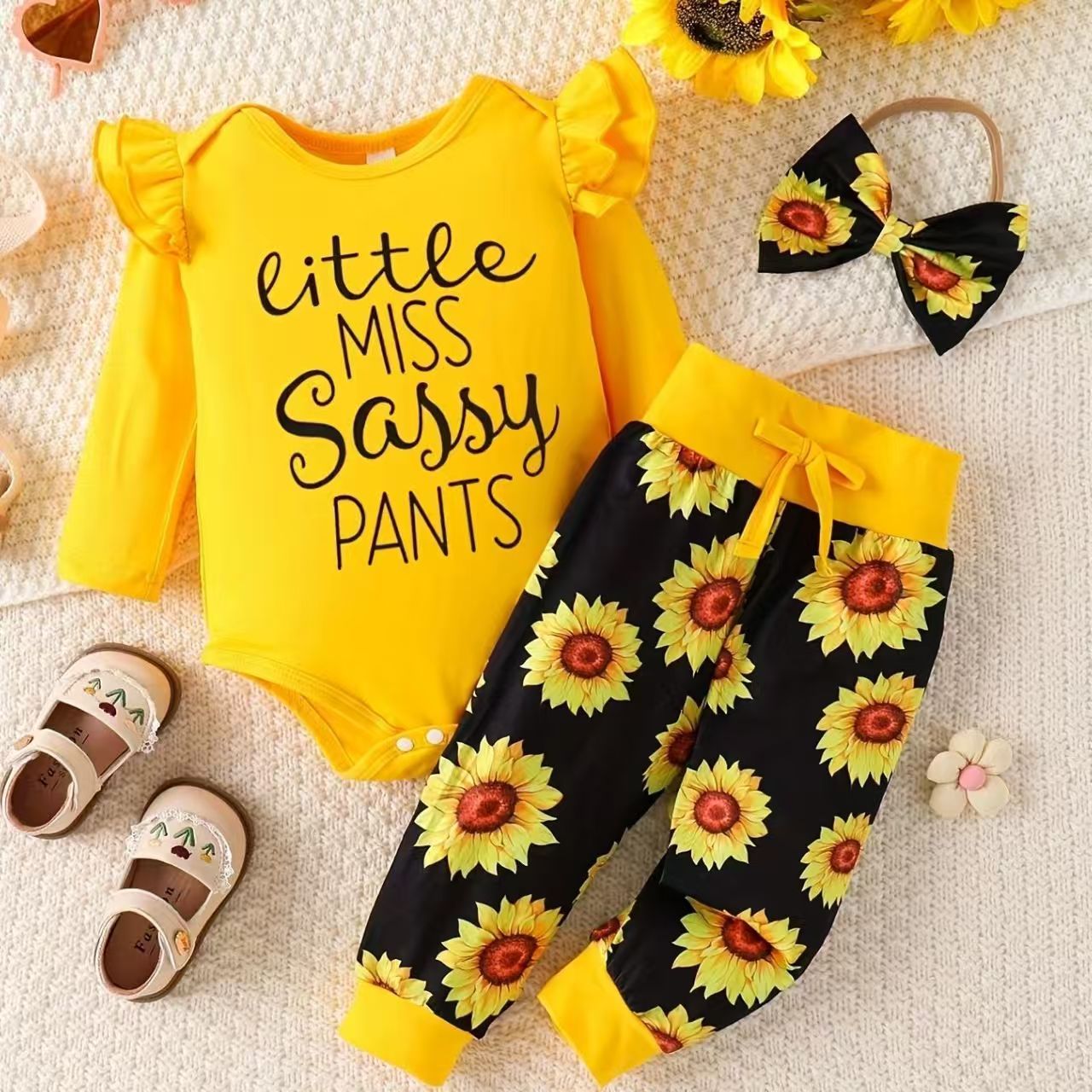 Baby Girl Spring and Autumn Long Sleeve Letter Triangle Ha Yi Flower Bow Long Pants Hairband Baby Three Piece Set