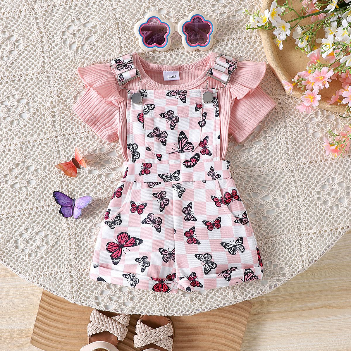 Girls' Baby Set Solid Color Headset Ha Yi Printed Strap Pants Girls' Top Two Piece Set