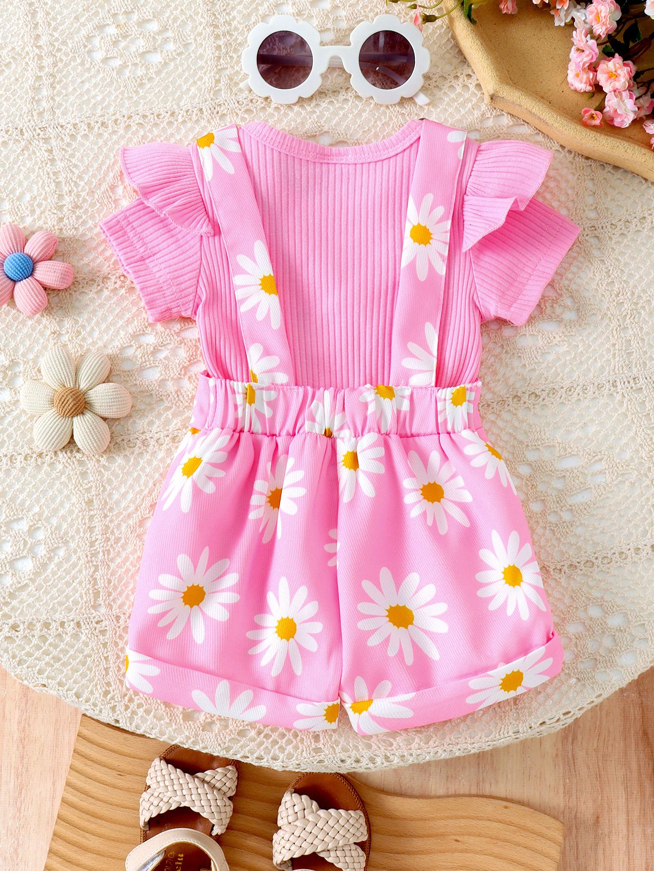 Girls' Baby Set Solid Color Headset Ha Yi Printed Strap Pants Girls' Top Two Piece Set