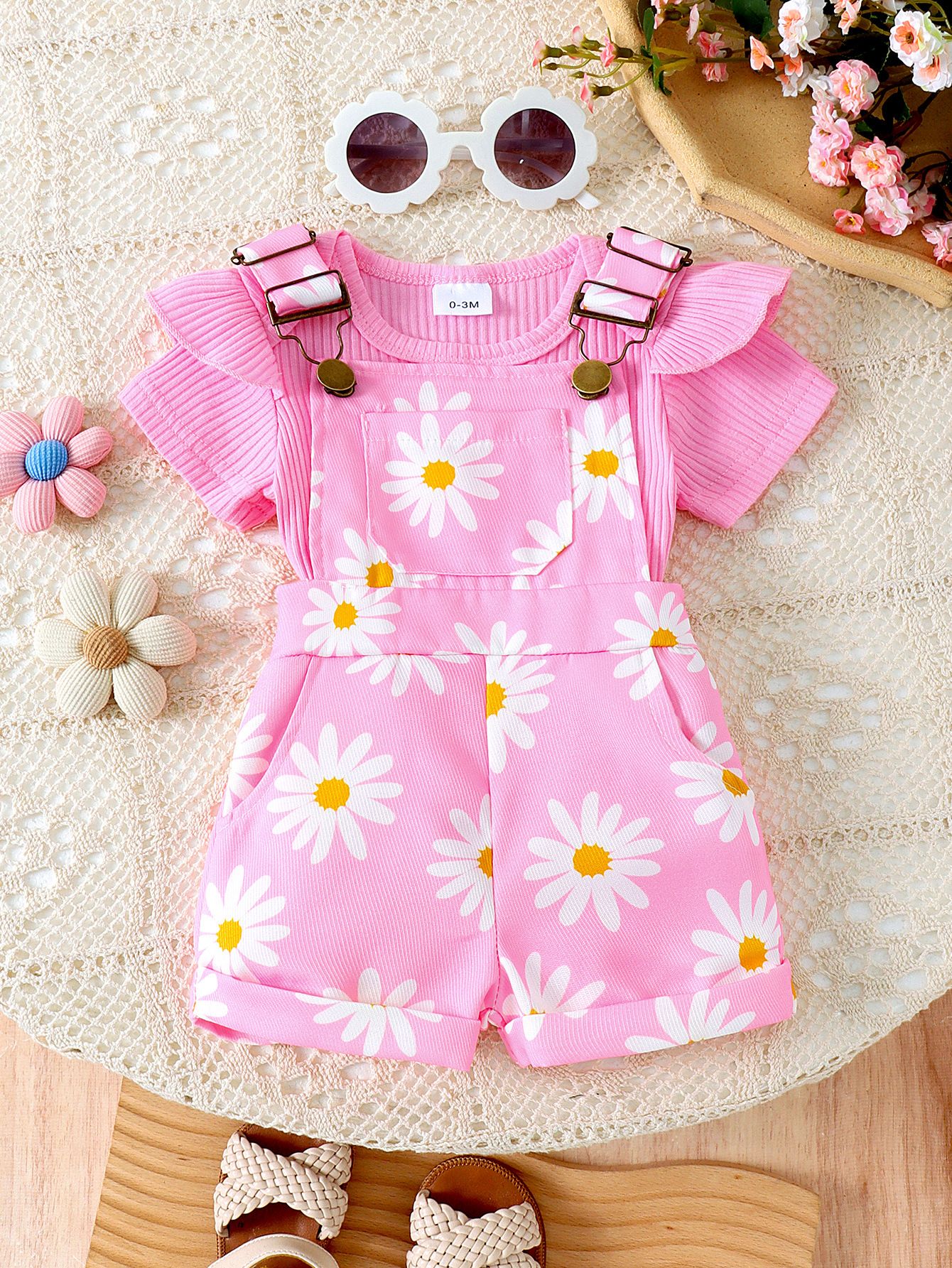 Girls' Baby Set Solid Color Headset Ha Yi Printed Strap Pants Girls' Top Two Piece Set