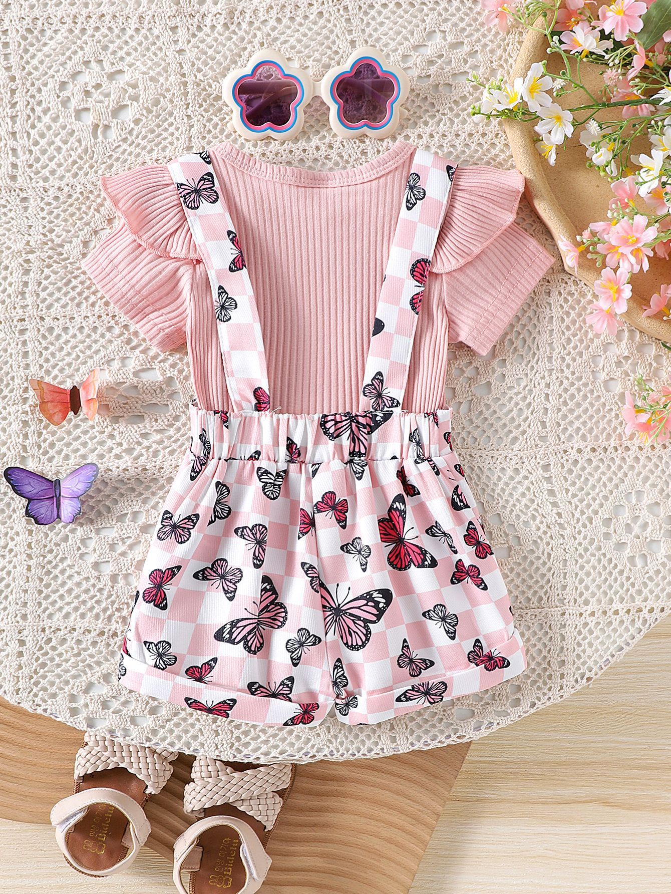 Girls' Baby Set Solid Color Headset Ha Yi Printed Strap Pants Girls' Top Two Piece Set