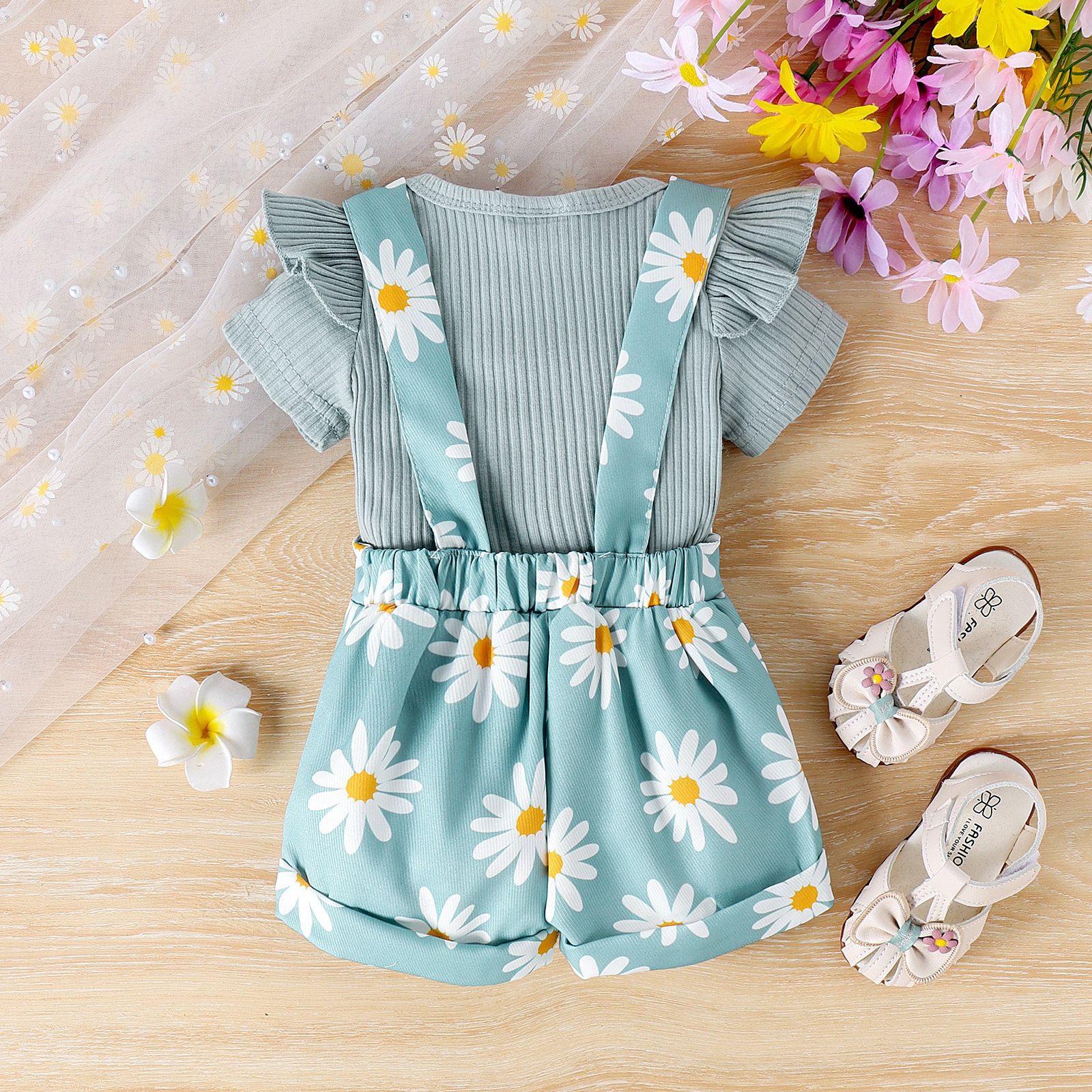 Girls' Baby Set Solid Color Headset Ha Yi Printed Strap Pants Girls' Top Two Piece Set