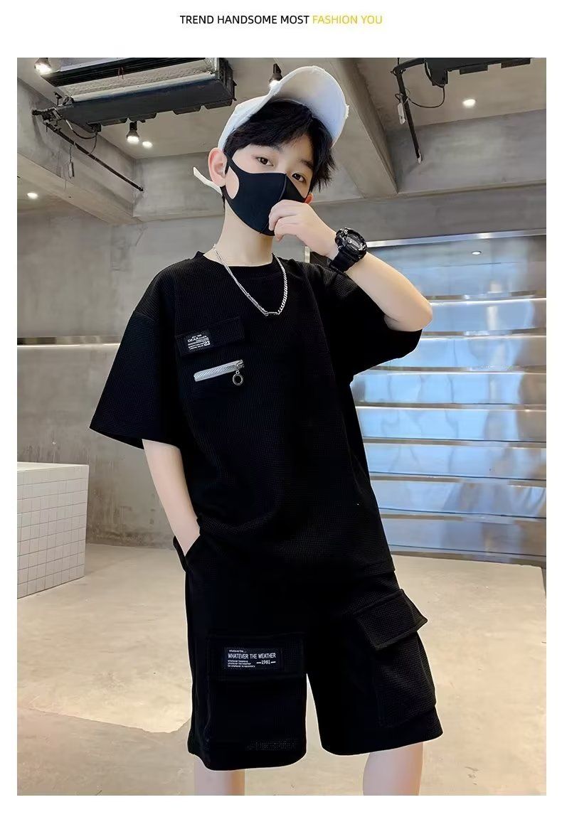 Children's Trendy Children's Clothing Casual Summer Japanese Set New Waffle Boys' Sports Set Short Sleeve Two Piece Set