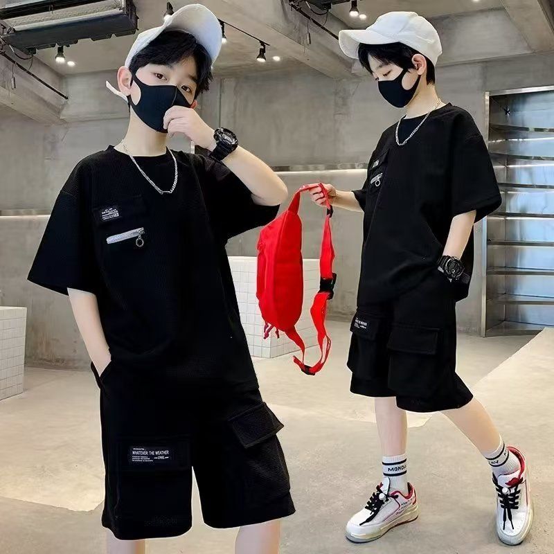 Children's Trendy Children's Clothing Casual Summer Japanese Set New Waffle Boys' Sports Set Short Sleeve Two Piece Set