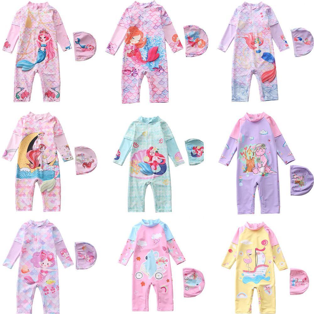 New children's swimsuit girls' one-piece swimsuit medium to large children's swimsuit mid length pants five quarter pants long sleeved anti roll swimsuit girls' swimsuit