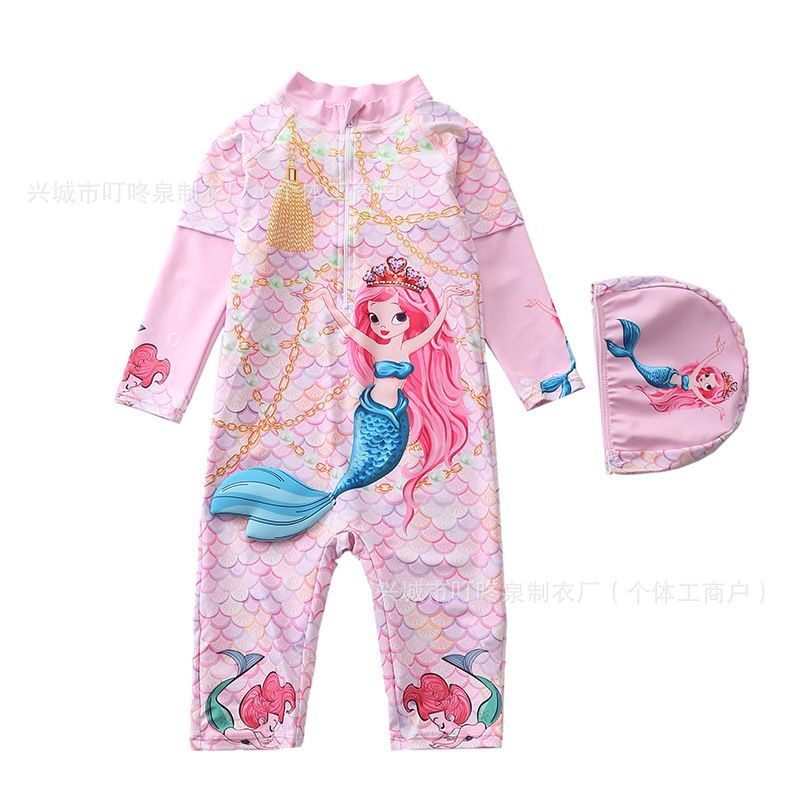 New children's swimsuit girls' one-piece swimsuit medium to large children's swimsuit mid length pants five quarter pants long sleeved anti roll swimsuit girls' swimsuit