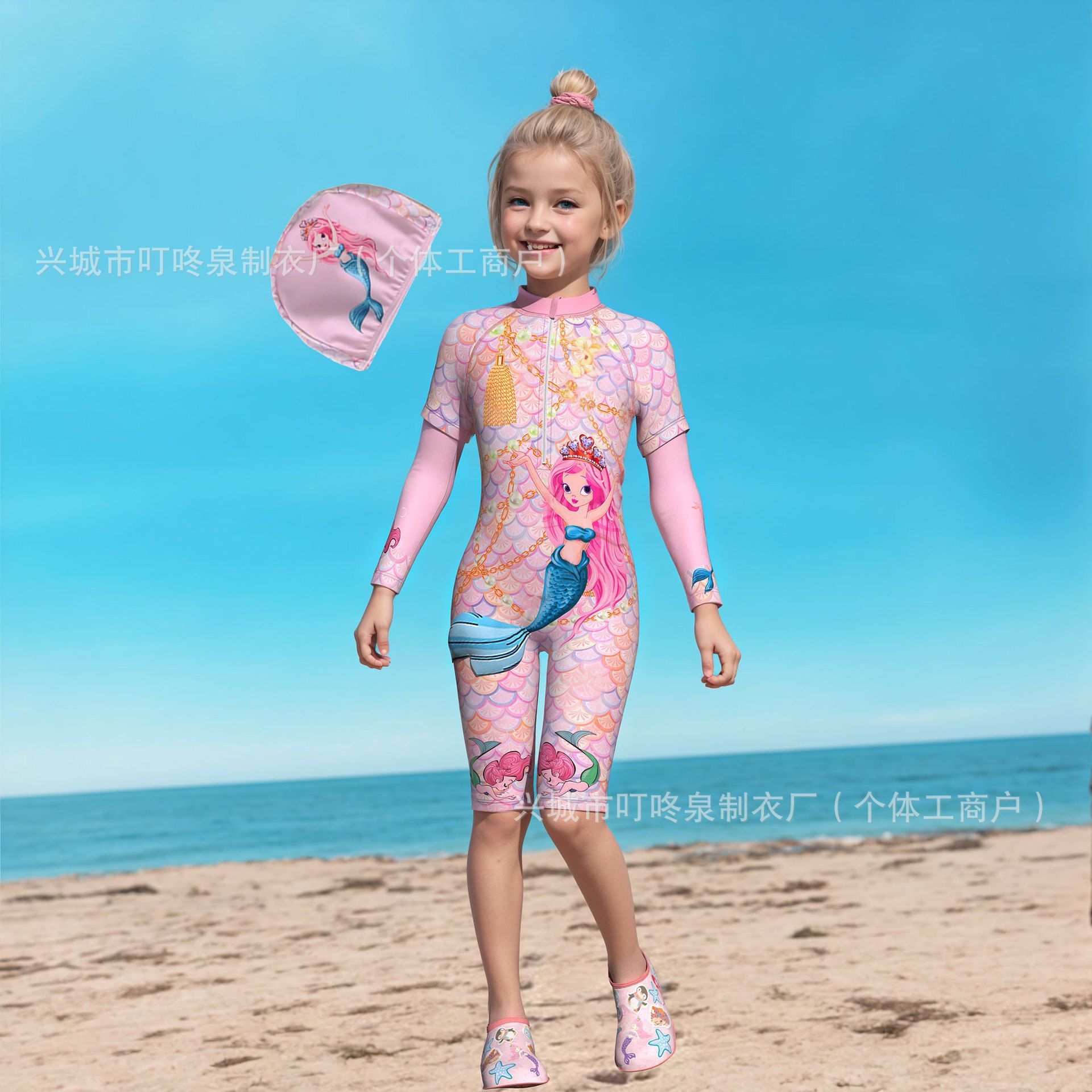 New children's swimsuit girls' one-piece swimsuit medium to large children's swimsuit mid length pants five quarter pants long sleeved anti roll swimsuit girls' swimsuit