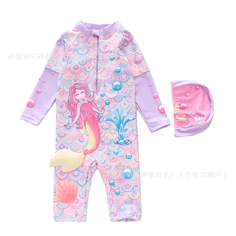 New children's swimsuit girls' one-piece swimsuit medium to large children's swimsuit mid length pants five quarter pants long sleeved anti roll swimsuit girls' swimsuit