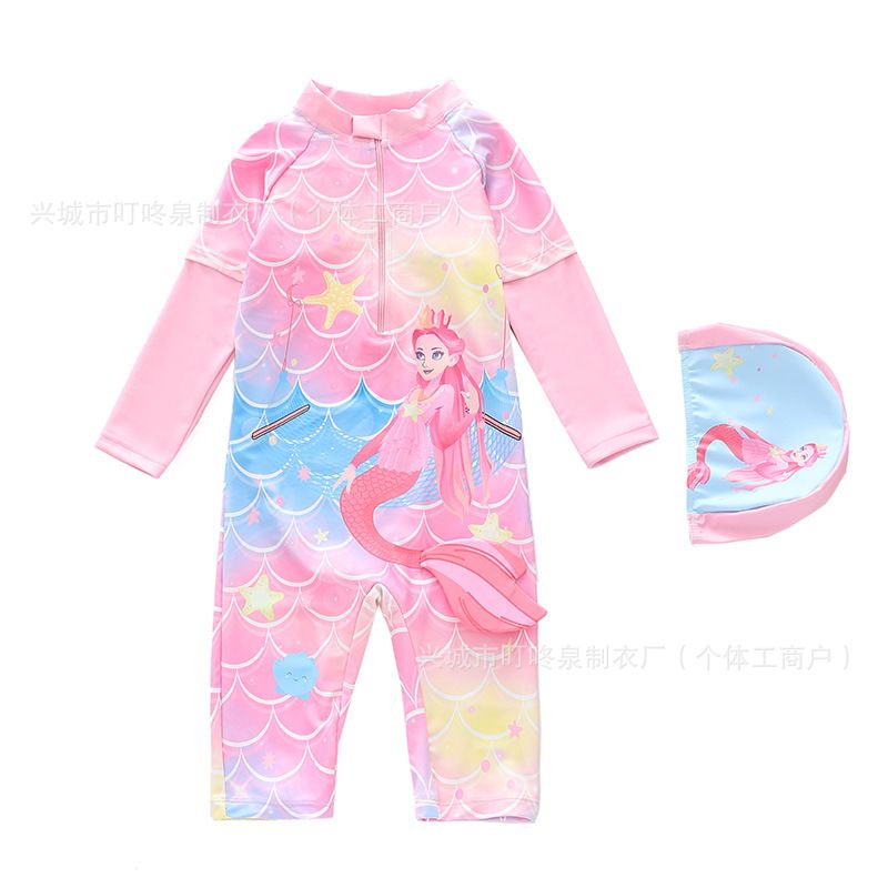 New children's swimsuit girls' one-piece swimsuit medium to large children's swimsuit mid length pants five quarter pants long sleeved anti roll swimsuit girls' swimsuit