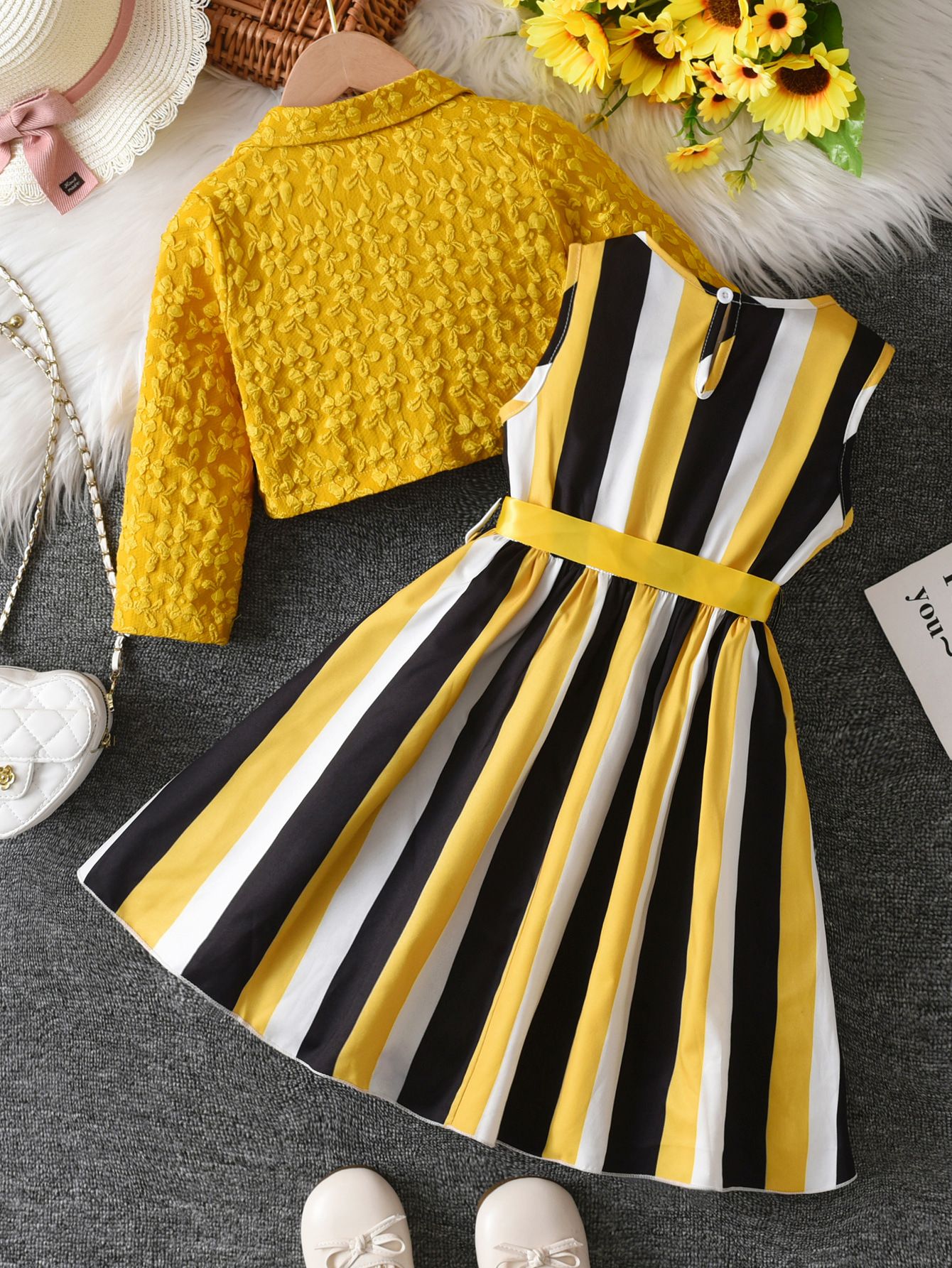 Girls' suit dress spring and autumn yellow jacquard small suit jacket striped bow girl dress princess dress