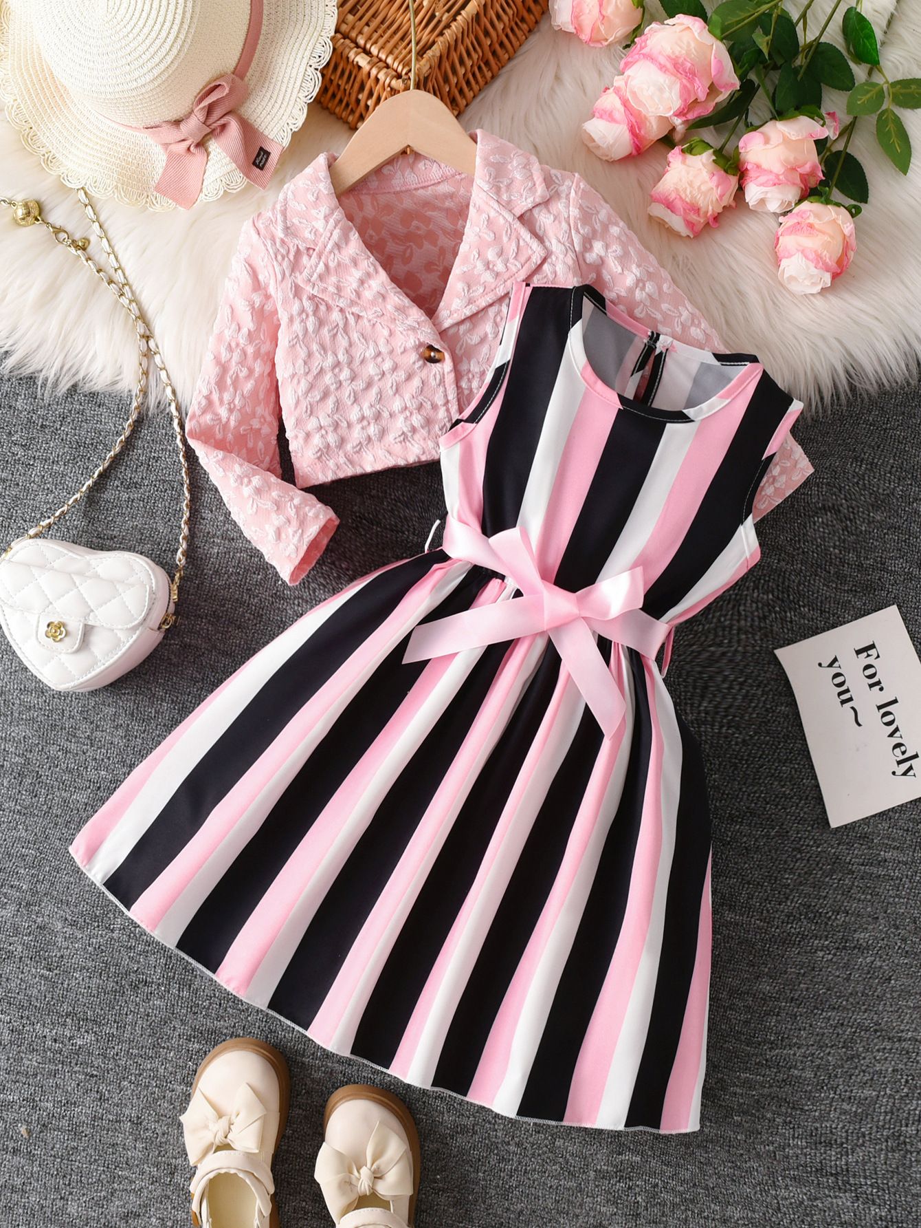 Girls' suit dress spring and autumn yellow jacquard small suit jacket striped bow girl dress princess dress