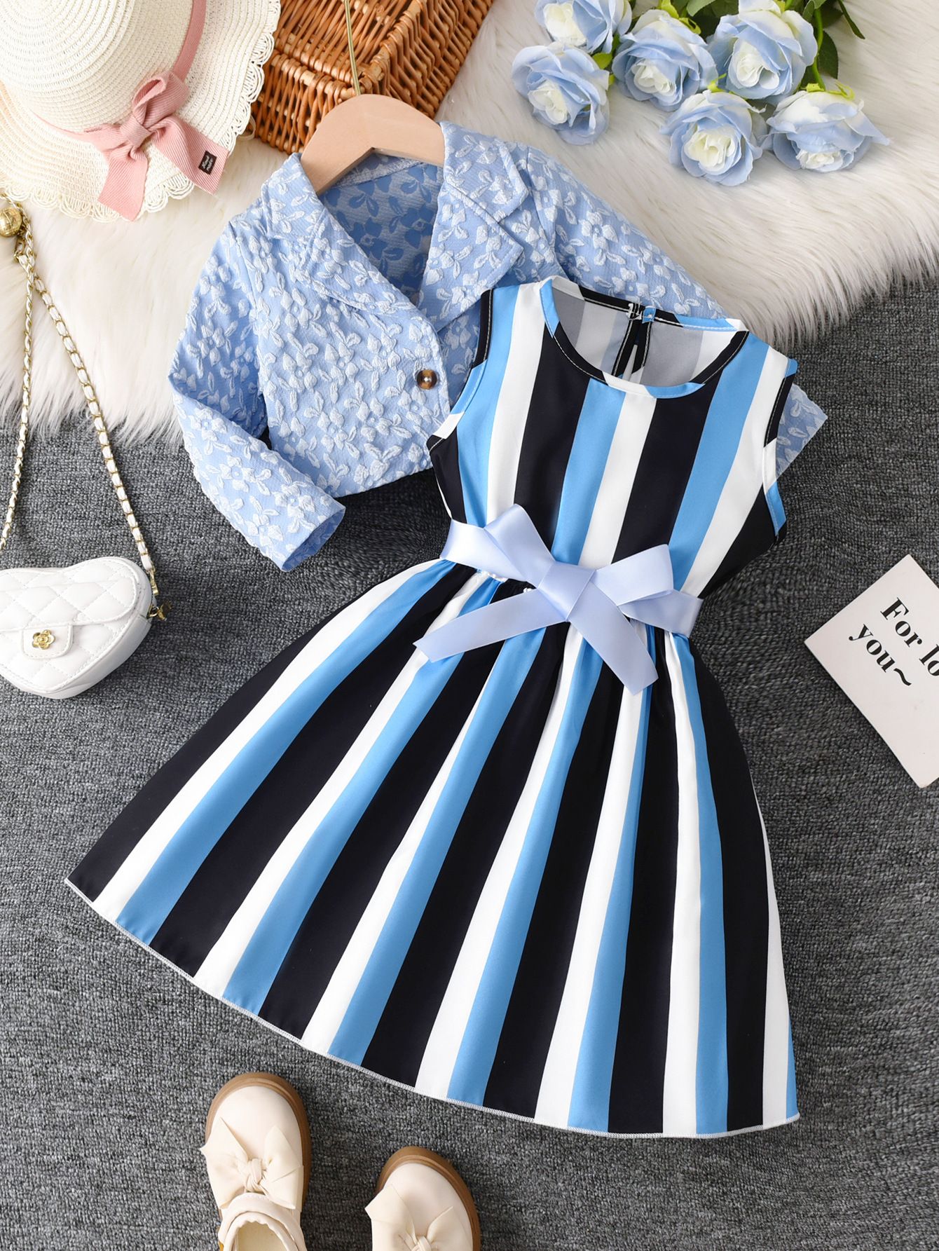 Girls' suit dress spring and autumn yellow jacquard small suit jacket striped bow girl dress princess dress