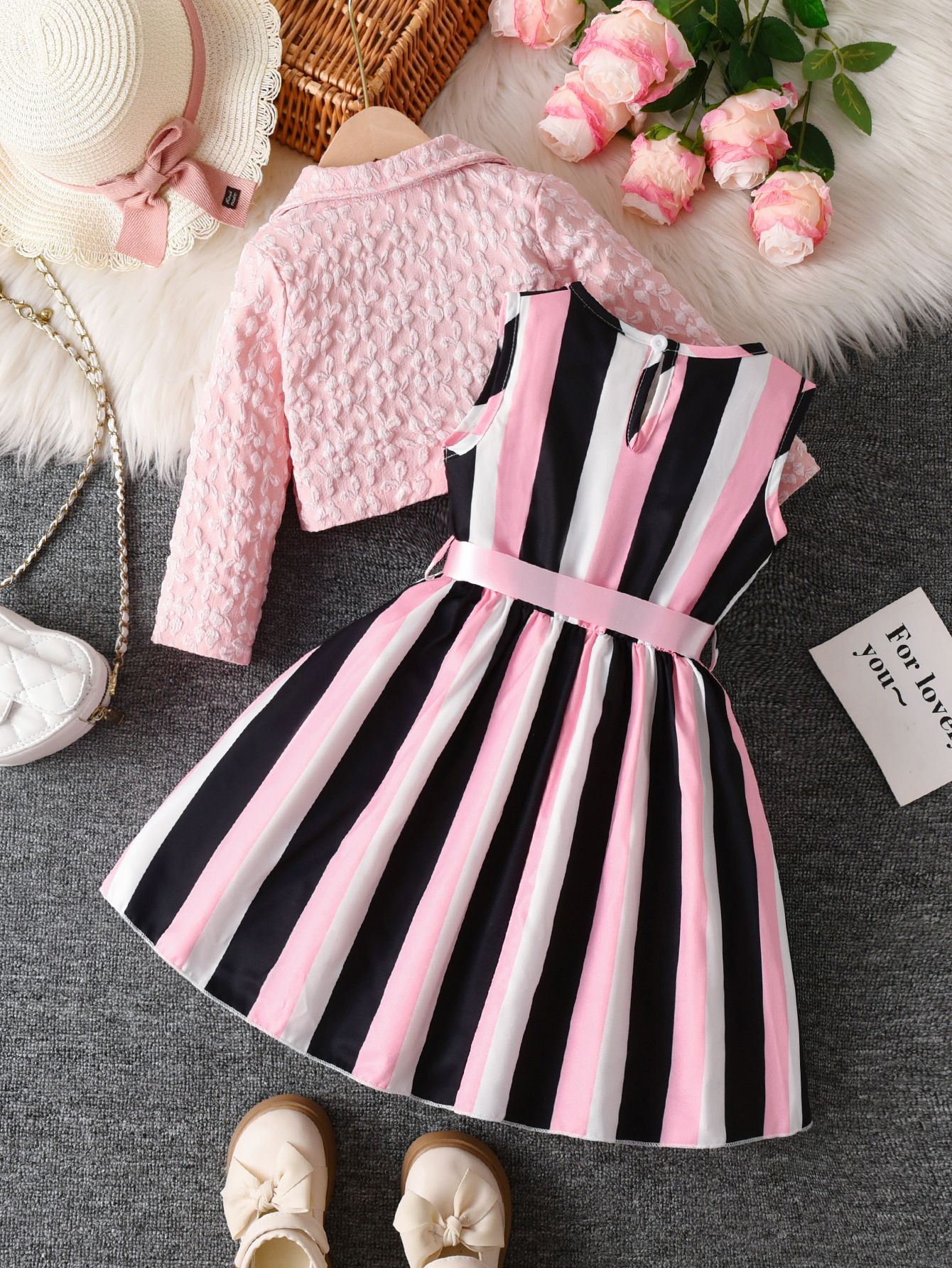 Girls' suit dress spring and autumn yellow jacquard small suit jacket striped bow girl dress princess dress